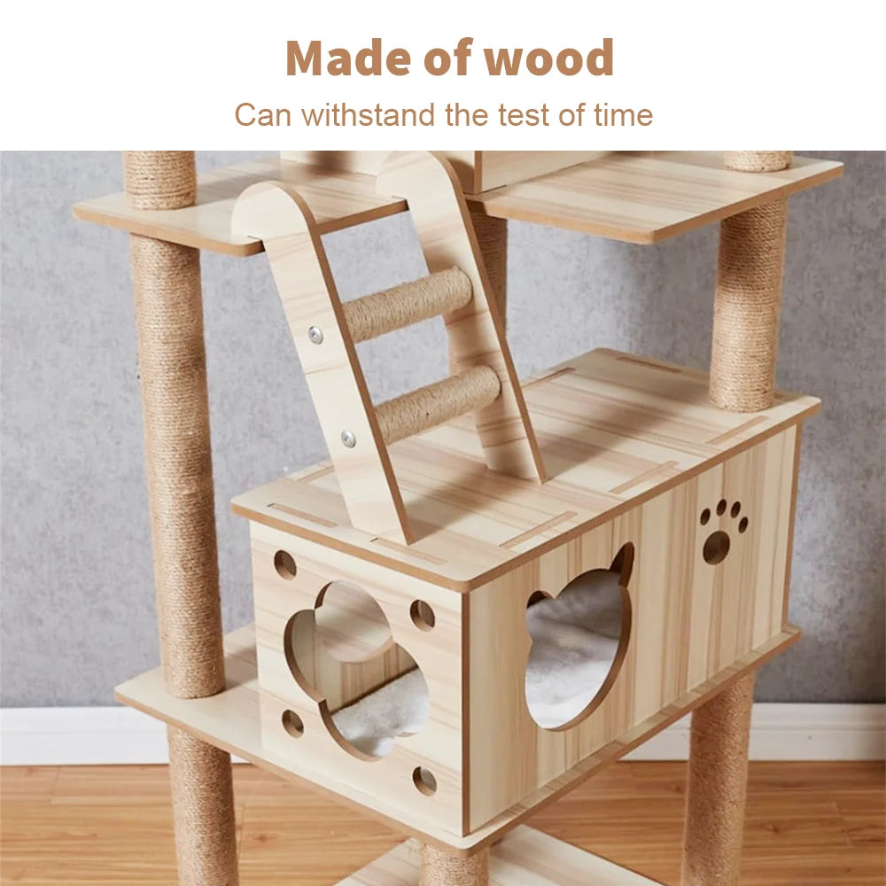 Deluxe Multi-Level Cat Tree Tower with Scratching Post & Space Capsule - Stylish Wooden Condo for Happy Cats (185x60x50CM)