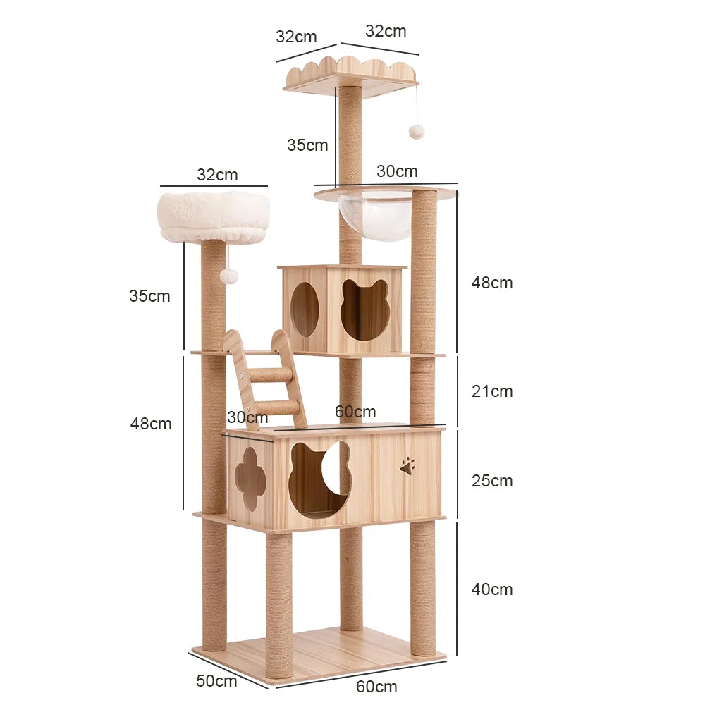 Deluxe Multi-Level Cat Tree Tower with Scratching Post & Space Capsule - Stylish Wooden Condo for Happy Cats (185x60x50CM)