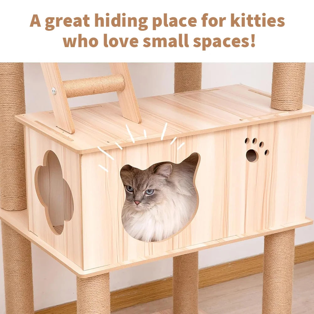 Deluxe Multi-Level Cat Tree Tower with Scratching Post & Space Capsule - Stylish Wooden Condo for Happy Cats (185x60x50CM)