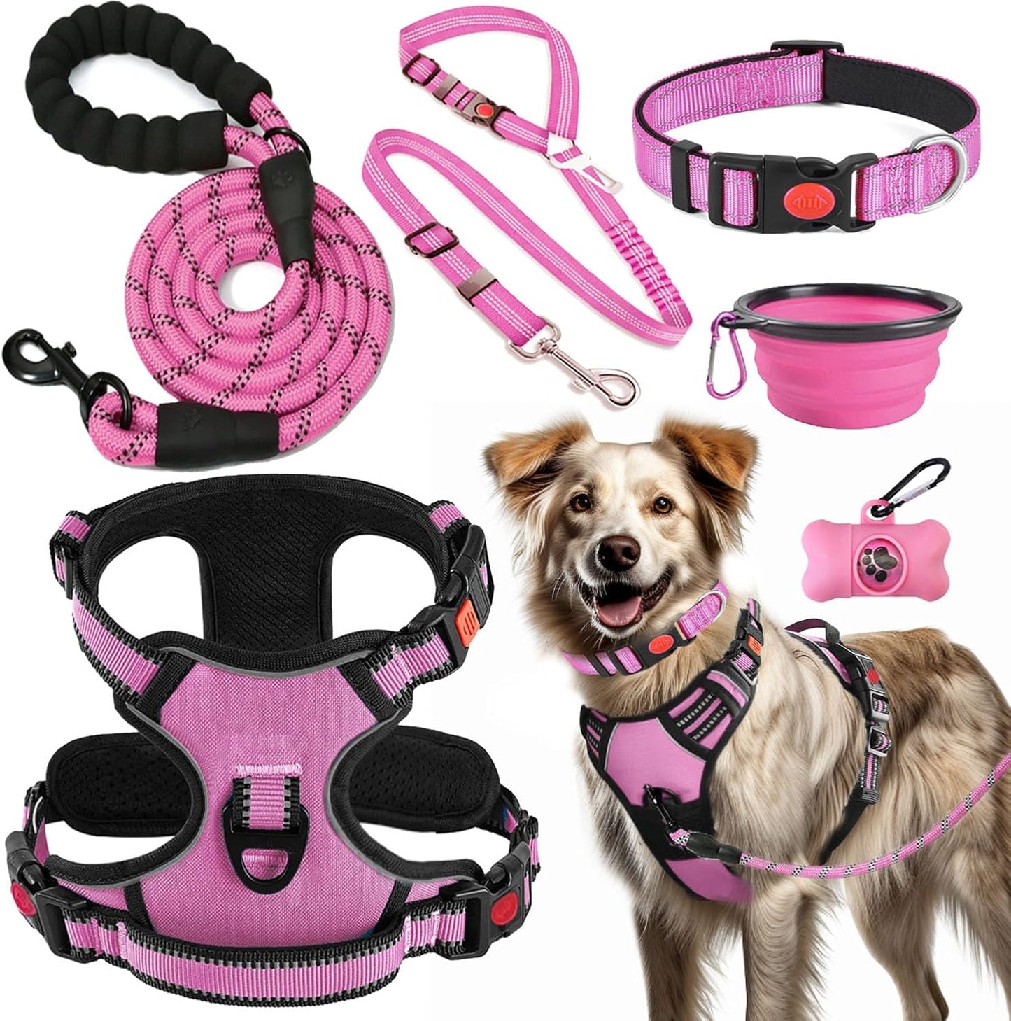 Ultimate No Pull Dog Harness Set - Includes Collar, Lead, Seat Belt, Collapsible Bowls & Poo Bag Dispenser - Perfect for Training, Walking & Hiking - Fits All Dog Sizes