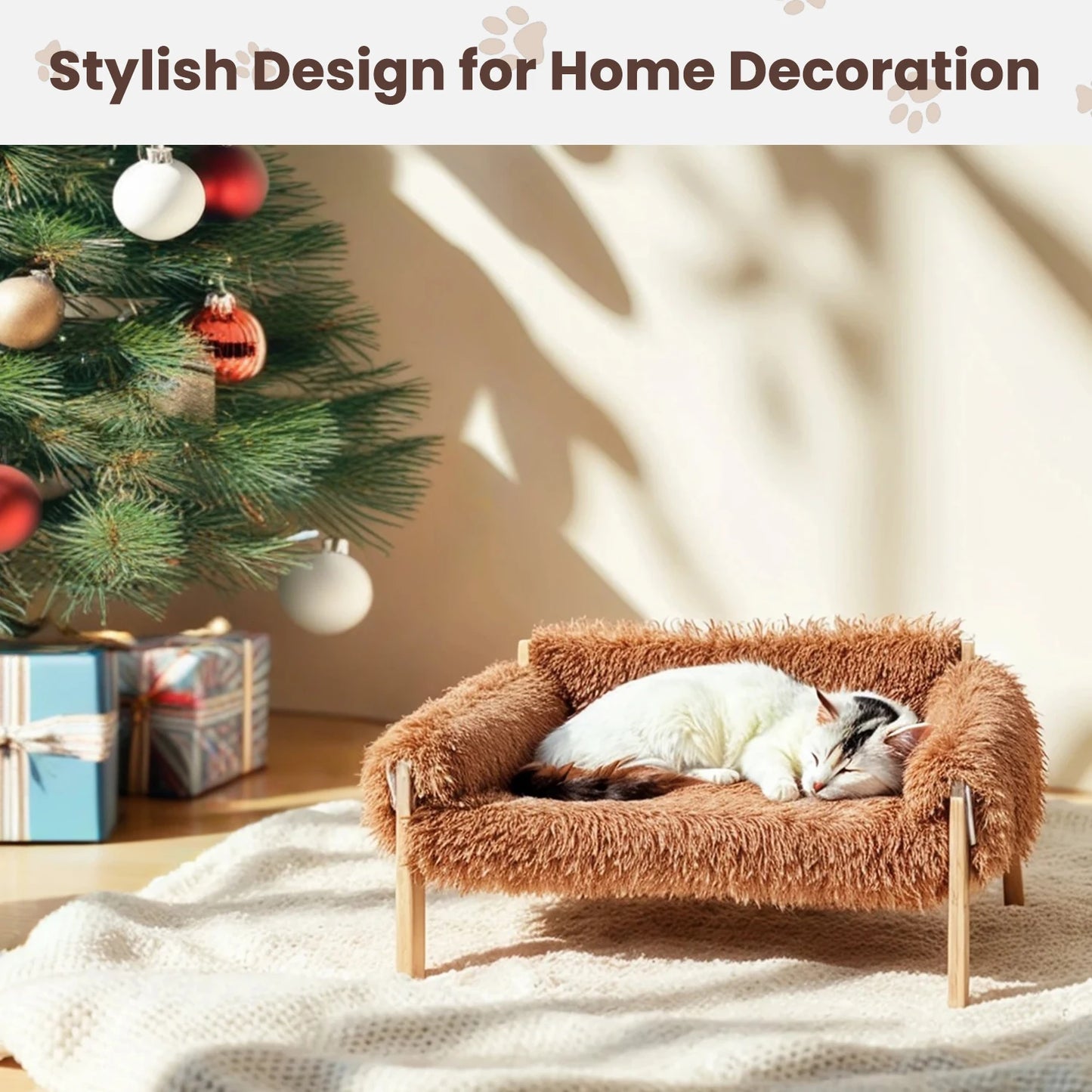 Luxurious Raised Plush Cat Sofa Bed with Sturdy Wooden Legs - Perfect Indoor Comfort for Cats and Kittens