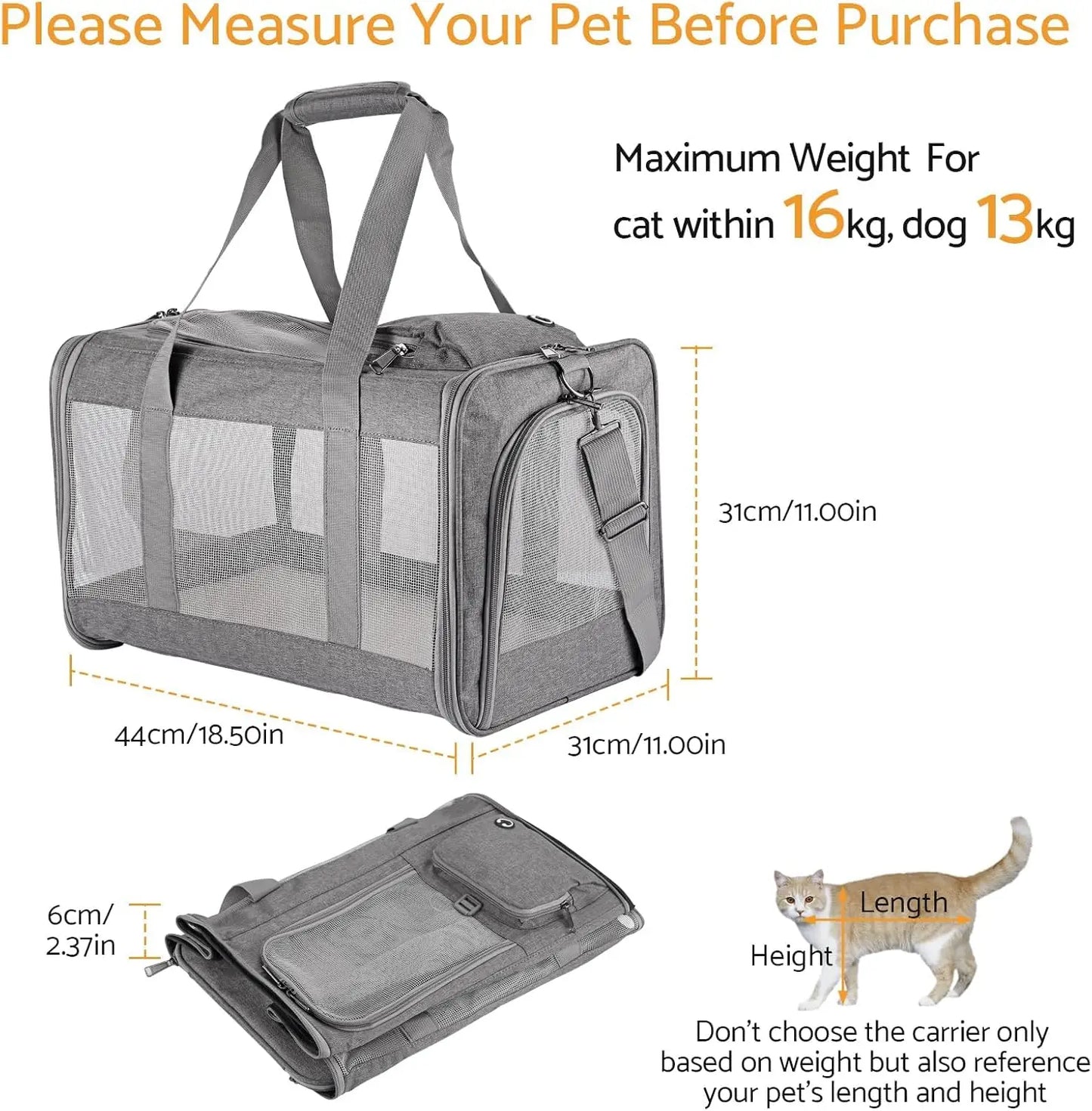 Airline Approved Soft Pet Carrier for Cats & Dogs - Breathable Travel Bag with Removable Support Board