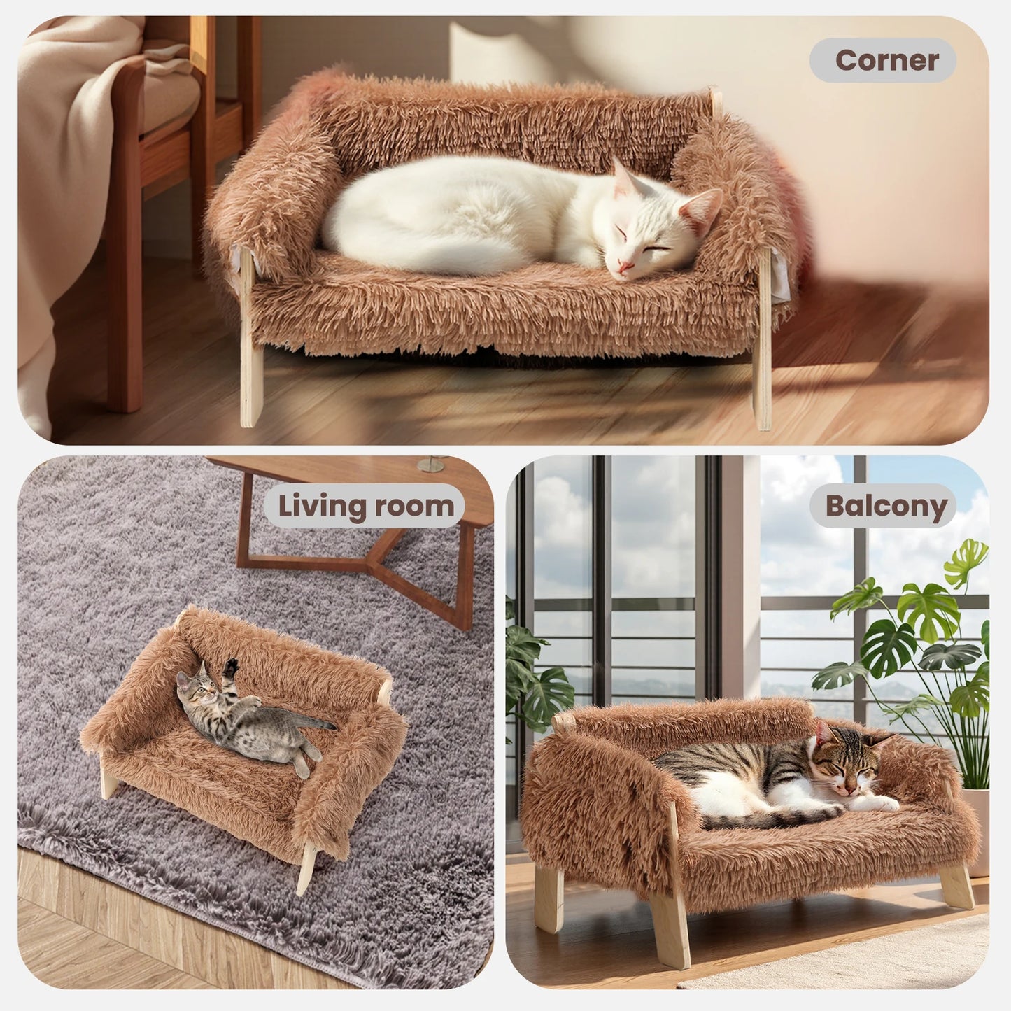 Luxurious Raised Plush Cat Sofa Bed with Sturdy Wooden Legs - Perfect Indoor Comfort for Cats and Kittens