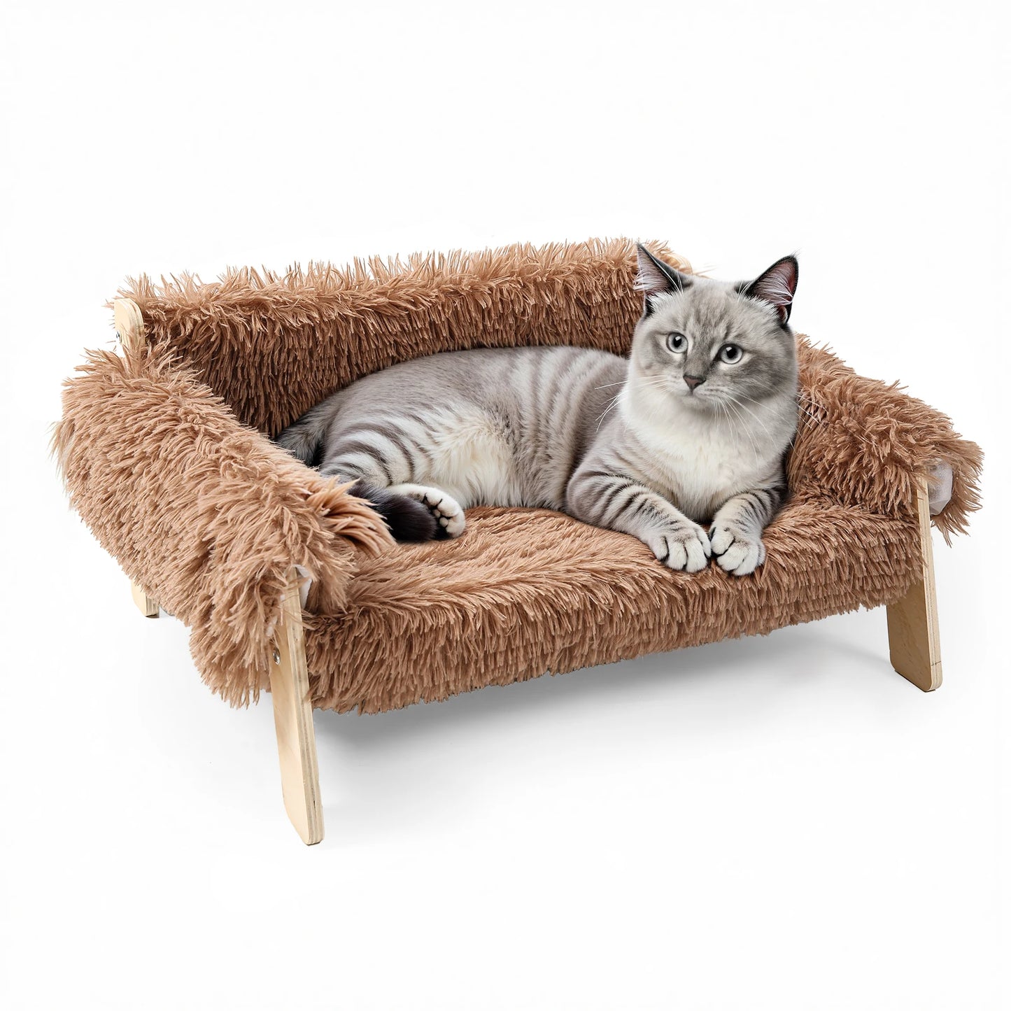Luxurious Raised Plush Cat Sofa Bed with Sturdy Wooden Legs - Perfect Indoor Comfort for Cats and Kittens