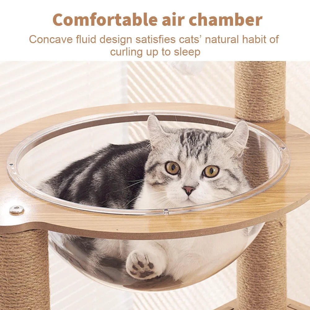 Deluxe Multi-Level Cat Tree Tower with Scratching Post & Space Capsule - Stylish Wooden Condo for Happy Cats (185x60x50CM)