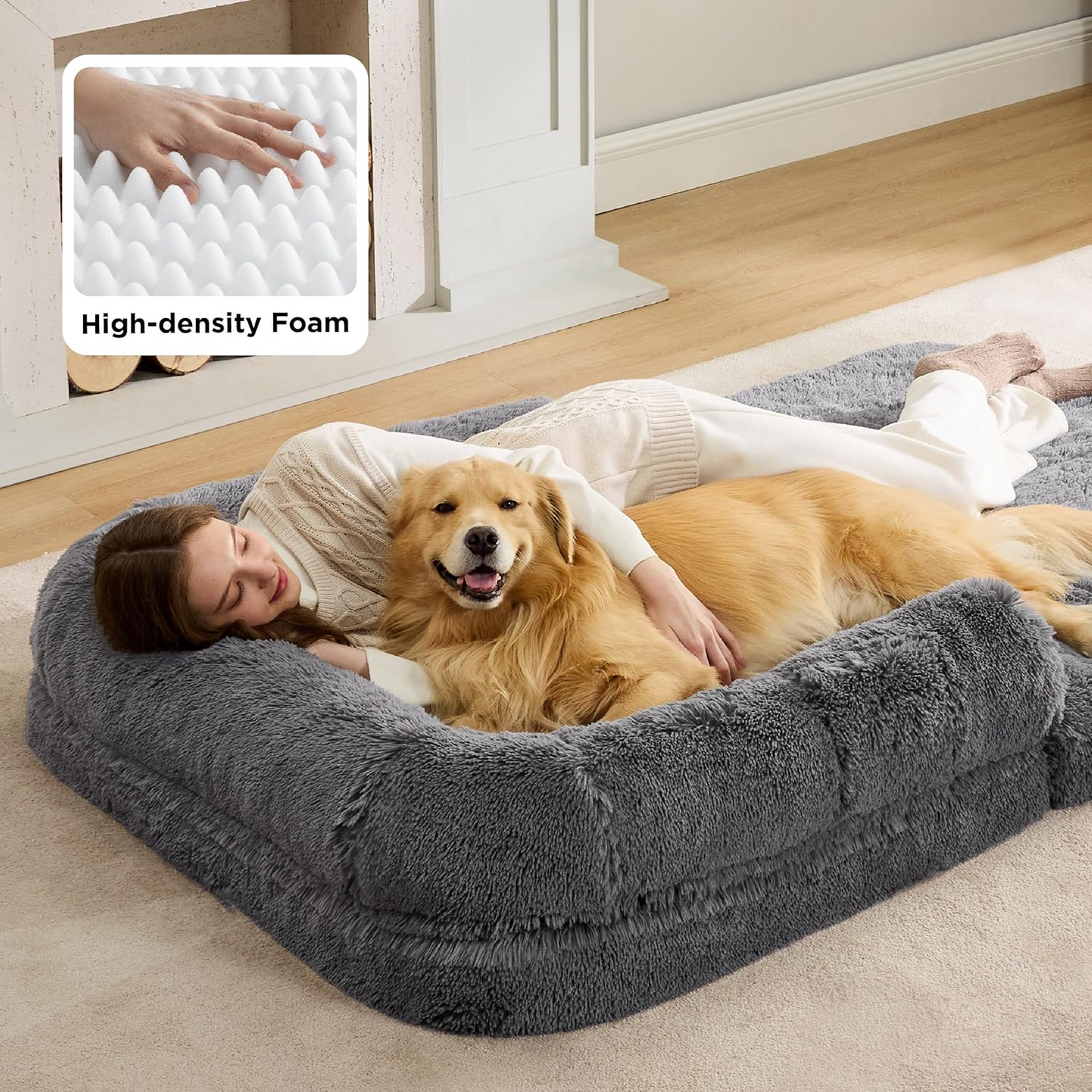 Luxurious Human Dog Bed for Adults - 2-in-1 Foldable Giant Bed with Egg Foam Support, Waterproof Liner & Faux Fur Orthopaedic Sofa, 180x104cm