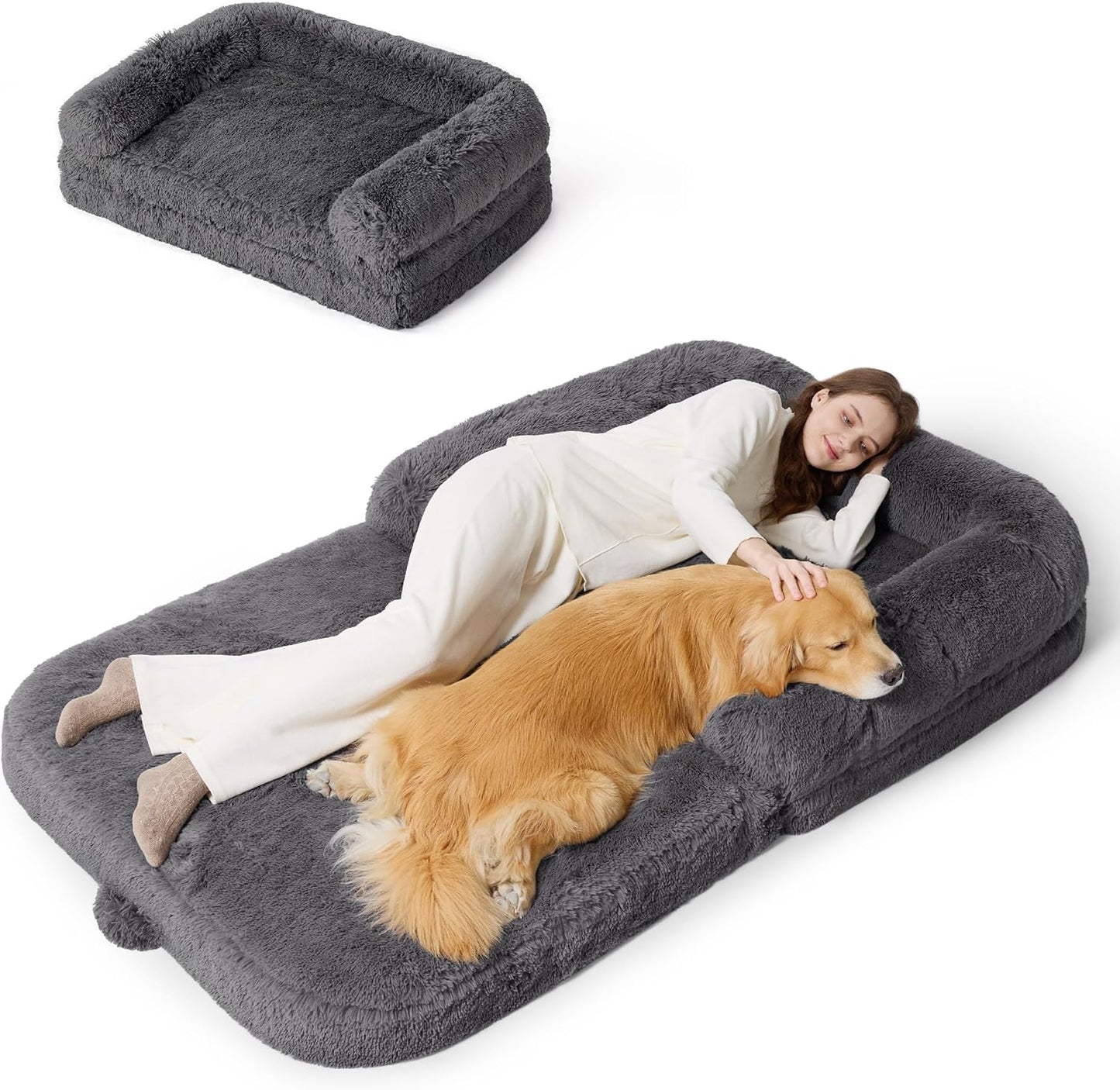 Luxurious Human Dog Bed for Adults - 2-in-1 Foldable Giant Bed with Egg Foam Support, Waterproof Liner & Faux Fur Orthopaedic Sofa, 180x104cm