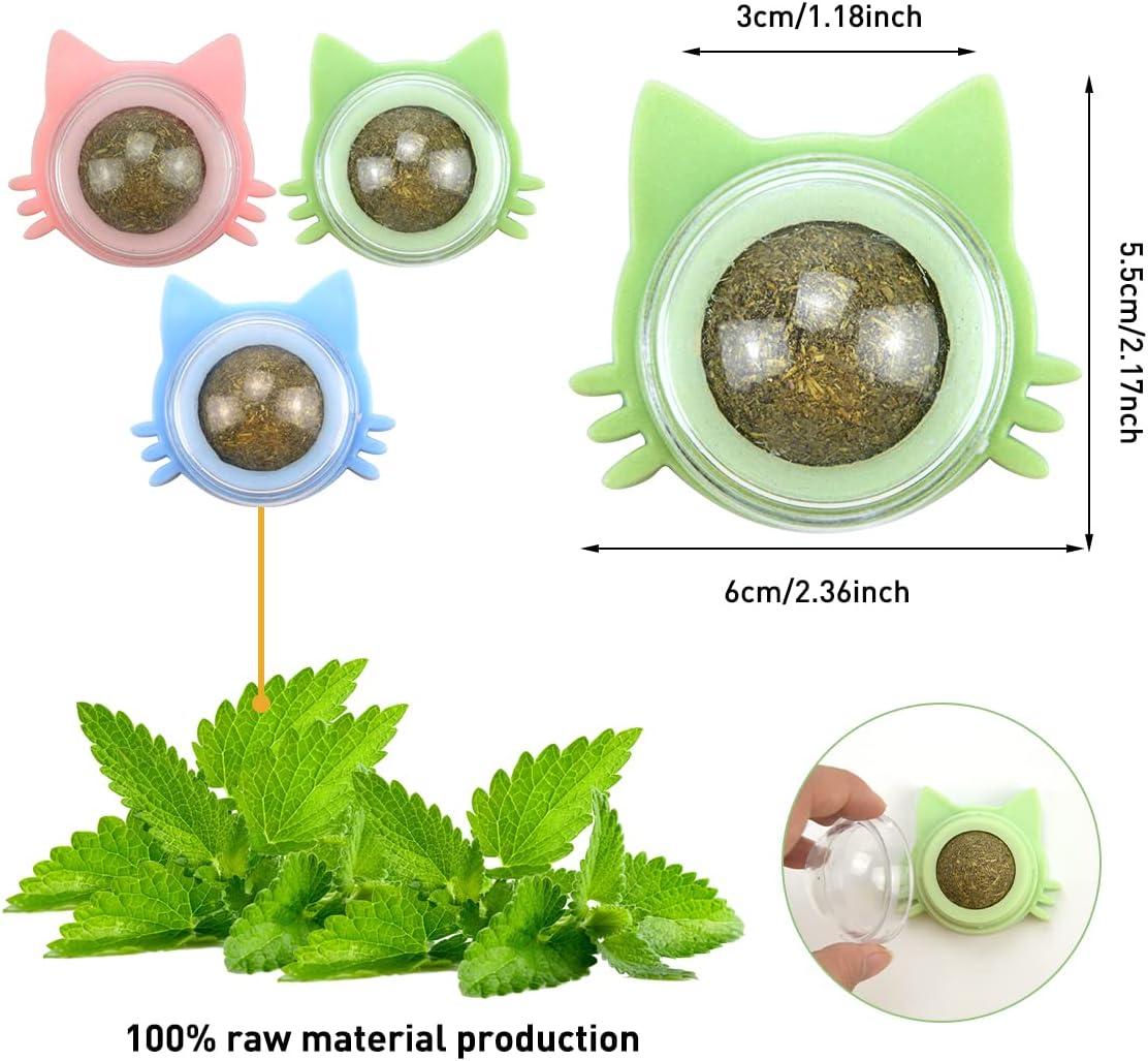 Interactive 3-Pack Catnip Balls Toy Set - Edible Rotatable Cat Teeth Cleaning Balls for Indoor Cats (Blue, Green, Pink)