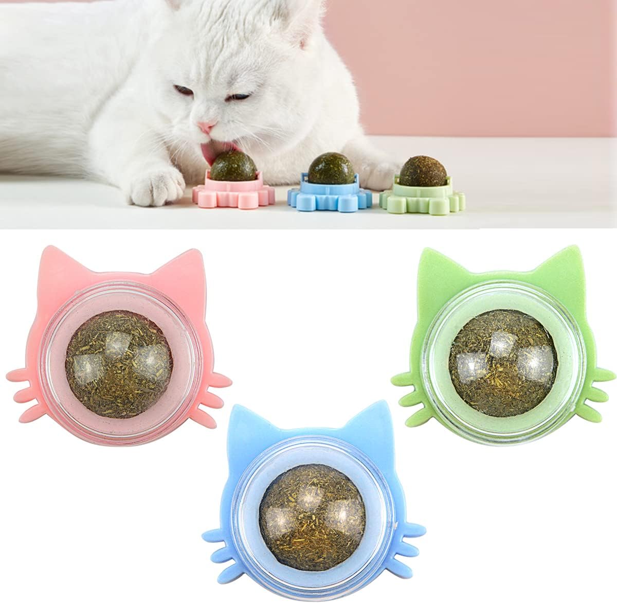 Interactive 3-Pack Catnip Balls Toy Set - Edible Rotatable Cat Teeth Cleaning Balls for Indoor Cats (Blue, Green, Pink)