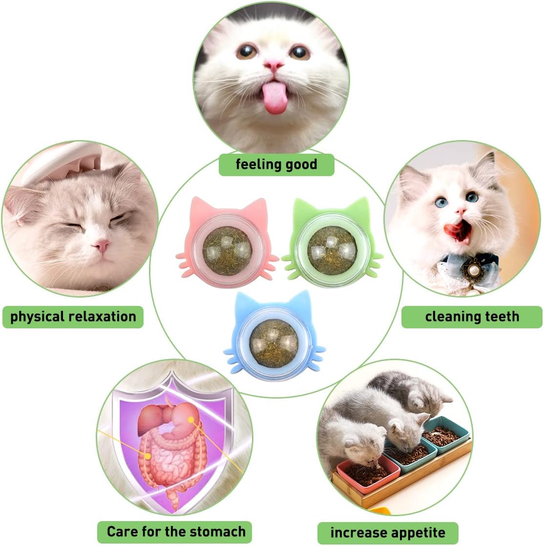 Interactive 3-Pack Catnip Balls Toy Set - Edible Rotatable Cat Teeth Cleaning Balls for Indoor Cats (Blue, Green, Pink)