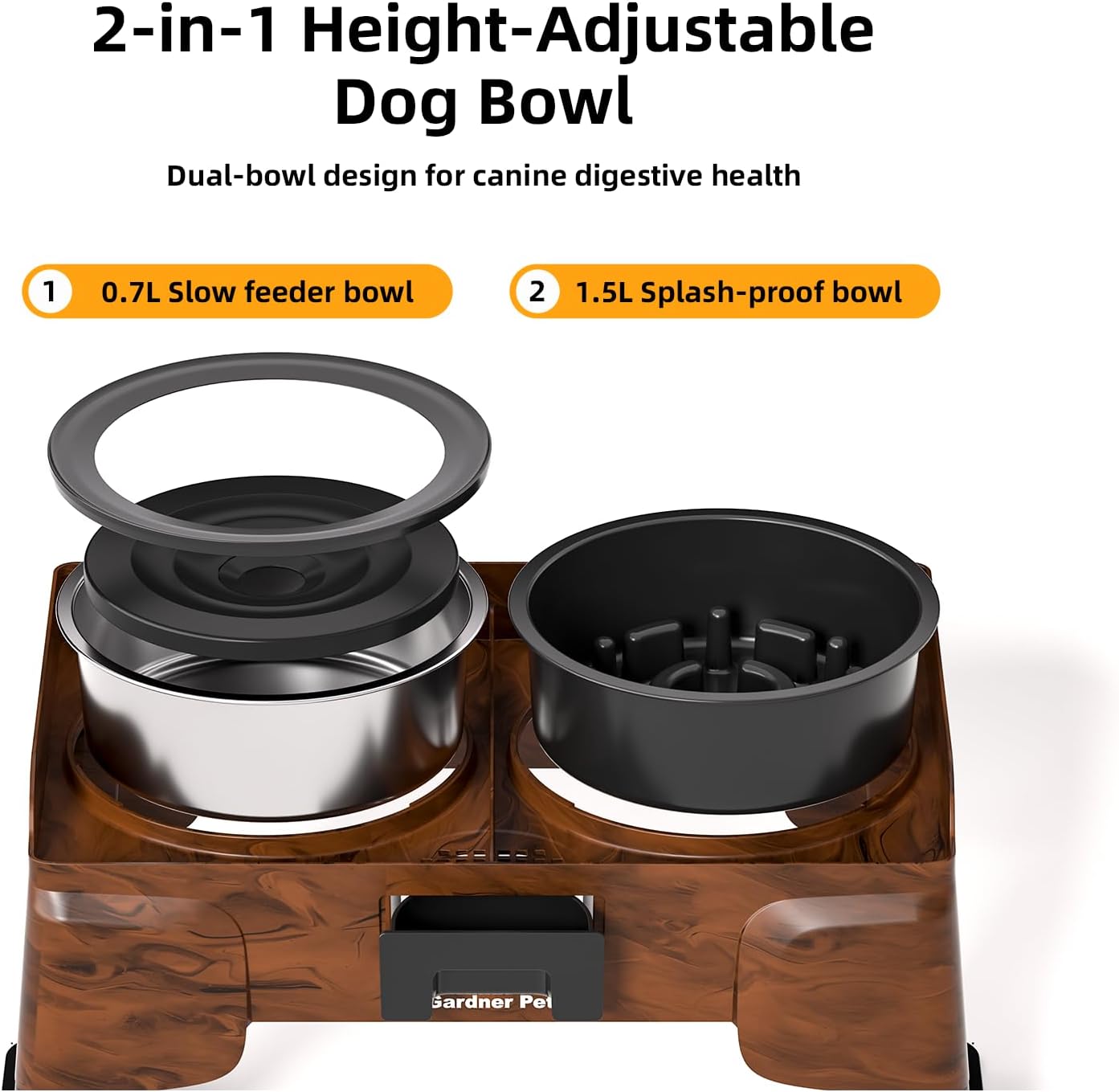 Adjustable Elevated Dog Bowls - 2-in-1 Non-Spill Water & Slow Feeding Bowl, Non-Slip Stand for Small, Medium & Large Dogs