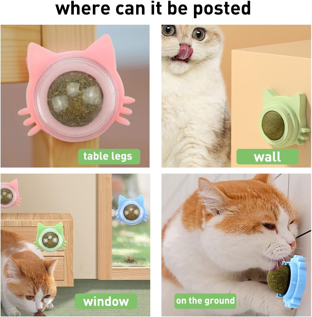 Interactive 3-Pack Catnip Balls Toy Set - Edible Rotatable Cat Teeth Cleaning Balls for Indoor Cats (Blue, Green, Pink)