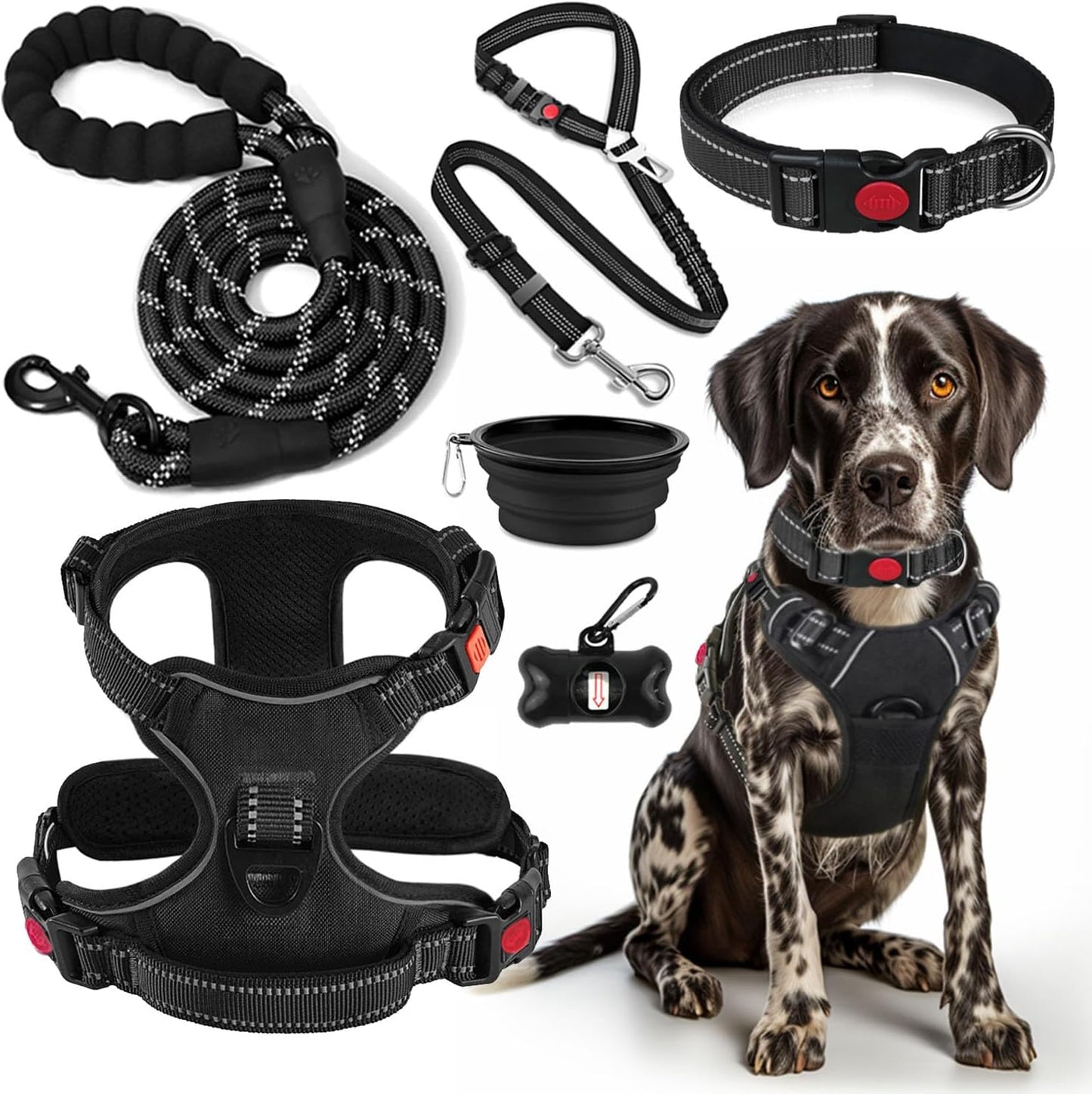 Ultimate No Pull Dog Harness Set - Includes Collar, Lead, Seat Belt, Collapsible Bowls & Poo Bag Dispenser - Perfect for Training, Walking & Hiking - Fits All Dog Sizes