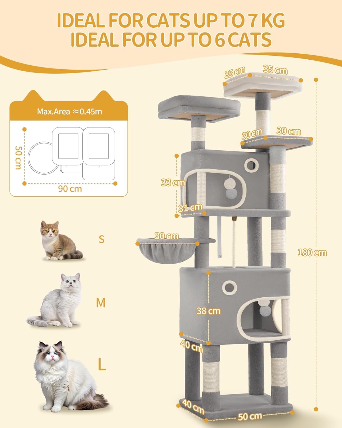 Deluxe 180cm Multi-Level Cat Tree with 8 Scratching Posts, Platforms, Caves & Plush Toys