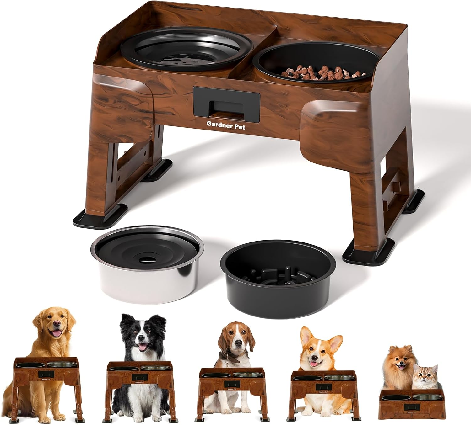 Adjustable Elevated Dog Bowls - 2-in-1 Non-Spill Water & Slow Feeding Bowl, Non-Slip Stand for Small, Medium & Large Dogs