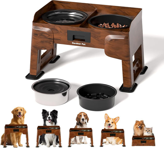 Adjustable Elevated Dog Bowls - 2-in-1 Non-Spill Water & Slow Feeding Bowl, Non-Slip Stand for Small, Medium & Large Dogs