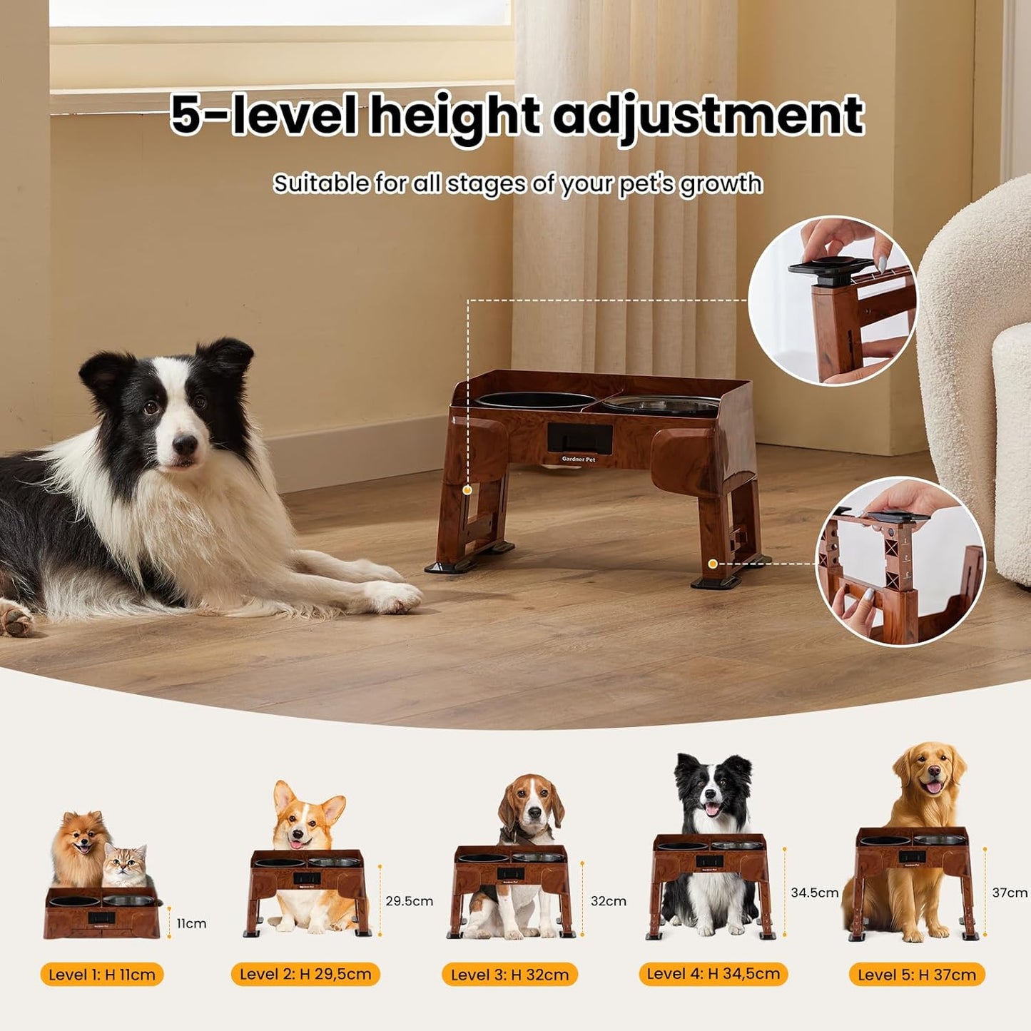 Adjustable Elevated Dog Bowls - 2-in-1 Non-Spill Water & Slow Feeding Bowl, Non-Slip Stand for Small, Medium & Large Dogs