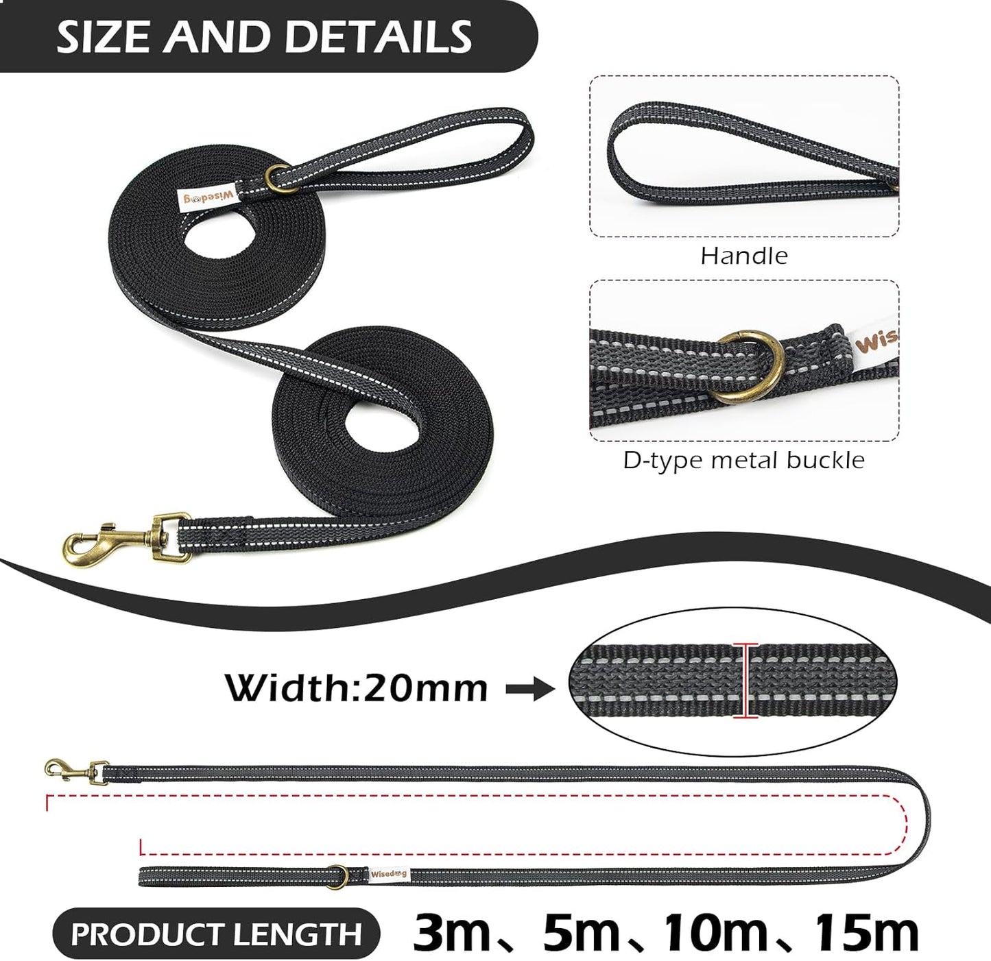 Premium Black Reflective Long Dog Lead - Lightweight, Anti-Slip Grip, Perfect for Indoor & Outdoor Adventures