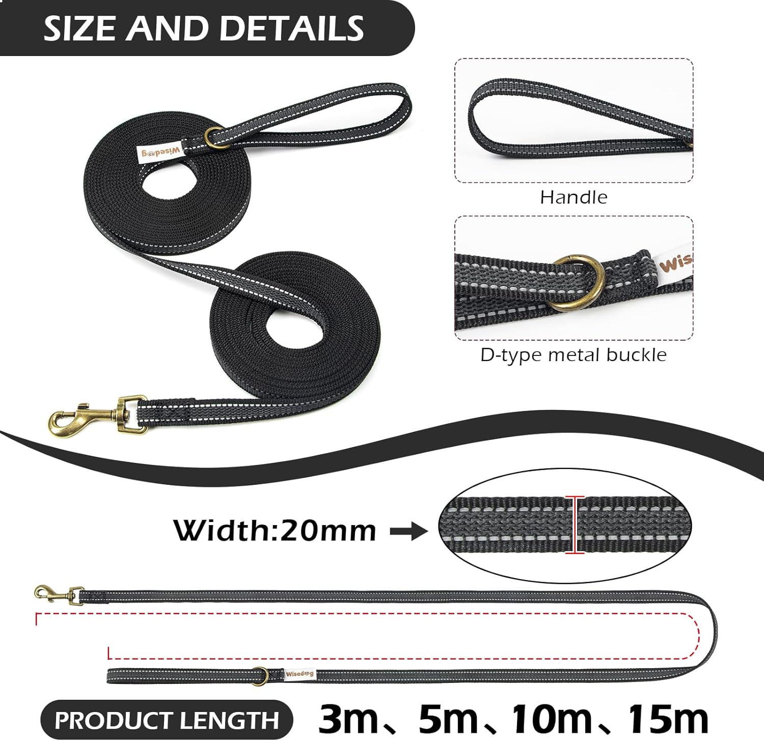Premium Black Reflective Long Dog Lead - Lightweight, Anti-Slip Grip, Perfect for Indoor & Outdoor Adventures