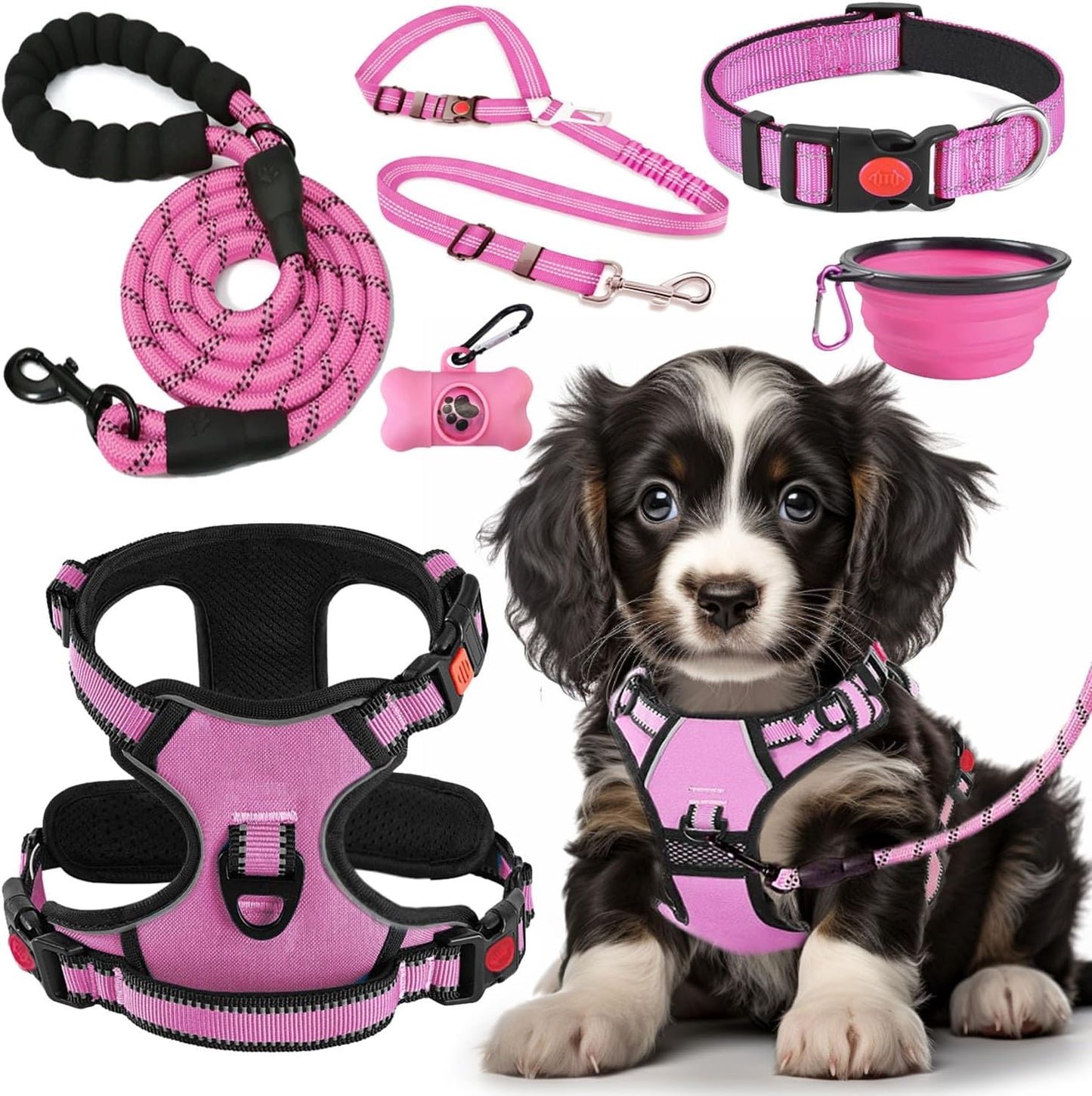 Ultimate No Pull Dog Harness Set - Includes Collar, Lead, Seat Belt, Collapsible Bowls & Poo Bag Dispenser - Perfect for Training, Walking & Hiking - Fits All Dog Sizes