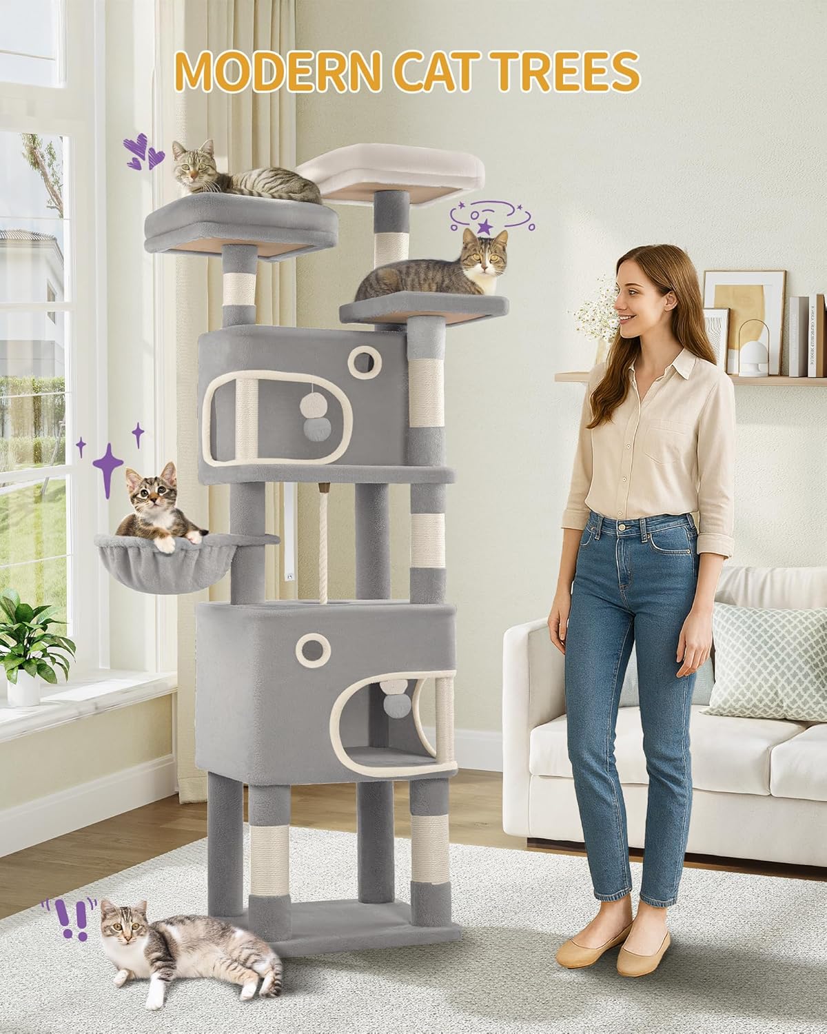 Deluxe 180cm Multi-Level Cat Tree with 8 Scratching Posts, Platforms, Caves & Plush Toys