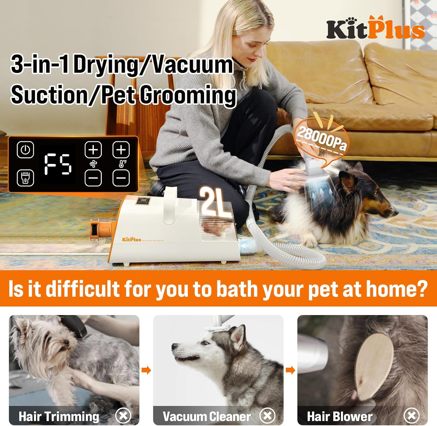 Ultimate 3-in-1 Pet Grooming Solution: Rechargeable Hair Trimmer with 28000Pa Suction, 2L Vacuum Capacity, 9 Tools & LED Touch Screen