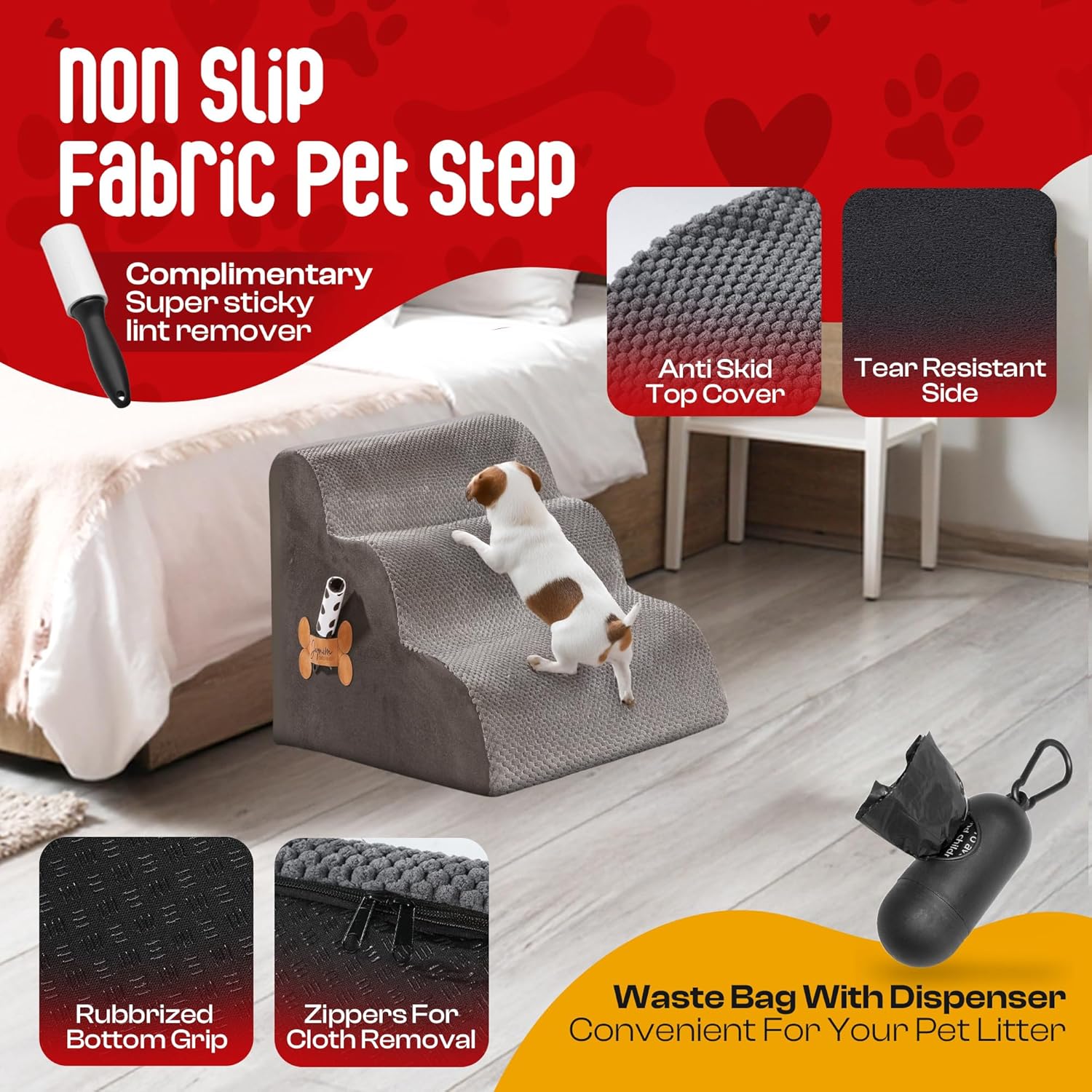 Premium Pet Steps for Small Dogs & Cats - High-Density Foam, Washable Cover, Non-Slip Base - Includes Lint Remover & Poop Bag Dispenser - 60x40x40cm - Stylish Grey Design