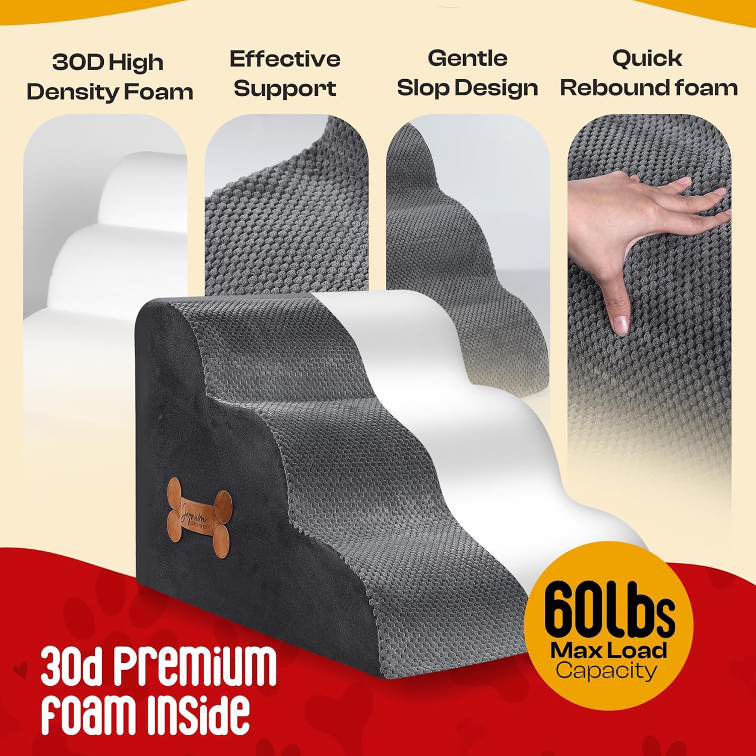 Premium Pet Steps for Small Dogs & Cats - High-Density Foam, Washable Cover, Non-Slip Base - Includes Lint Remover & Poop Bag Dispenser - 60x40x40cm - Stylish Grey Design