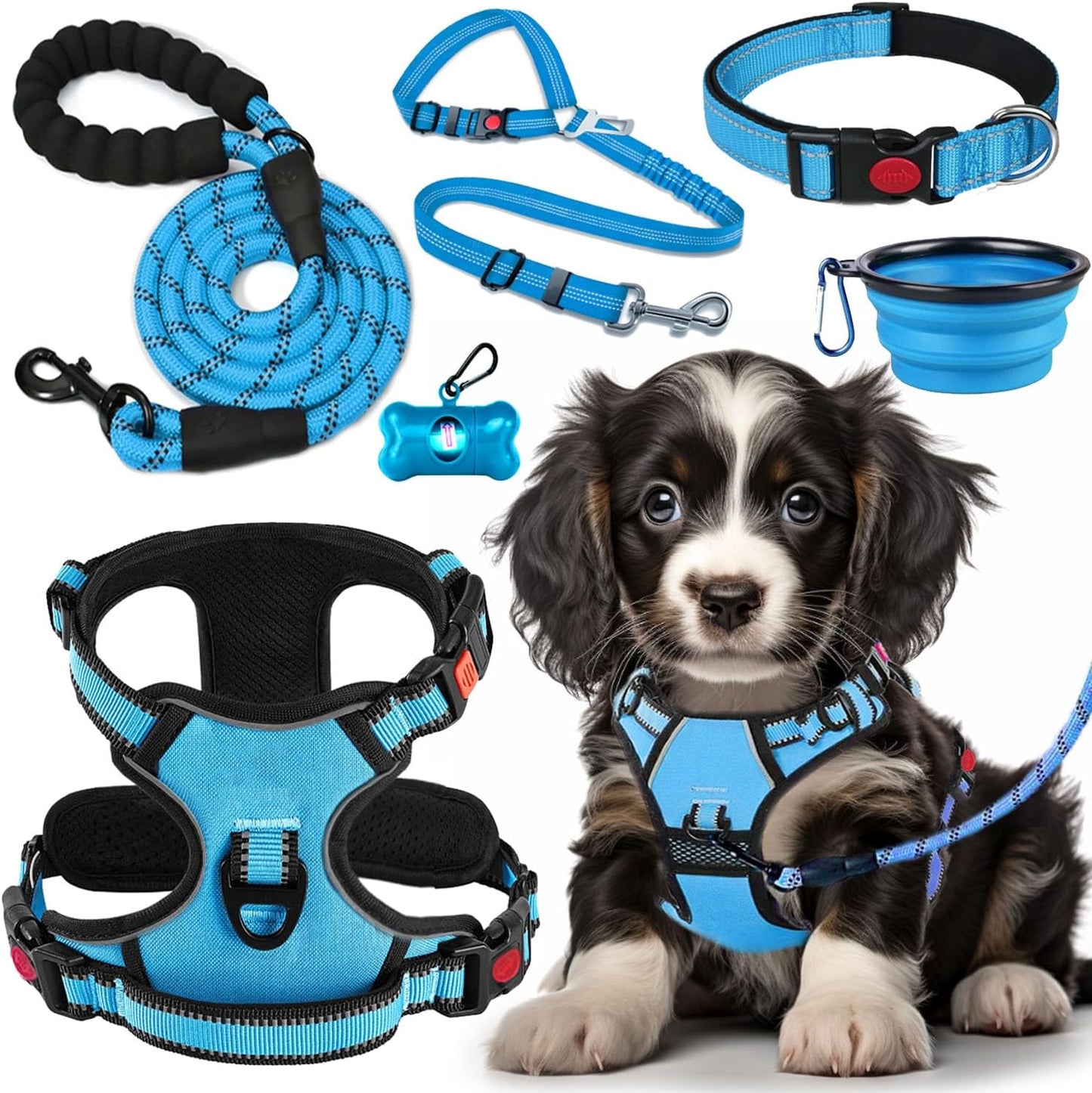 Ultimate No Pull Dog Harness Set - Includes Collar, Lead, Seat Belt, Collapsible Bowls & Poo Bag Dispenser - Perfect for Training, Walking & Hiking - Fits All Dog Sizes