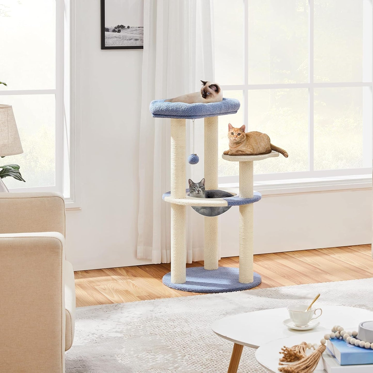Deluxe 90Cm Cat Tree Tower - Stylish Indoor Activity Centre with 2 Perches, Scratching Posts, Capsule Nest & Fun Dangling Ball