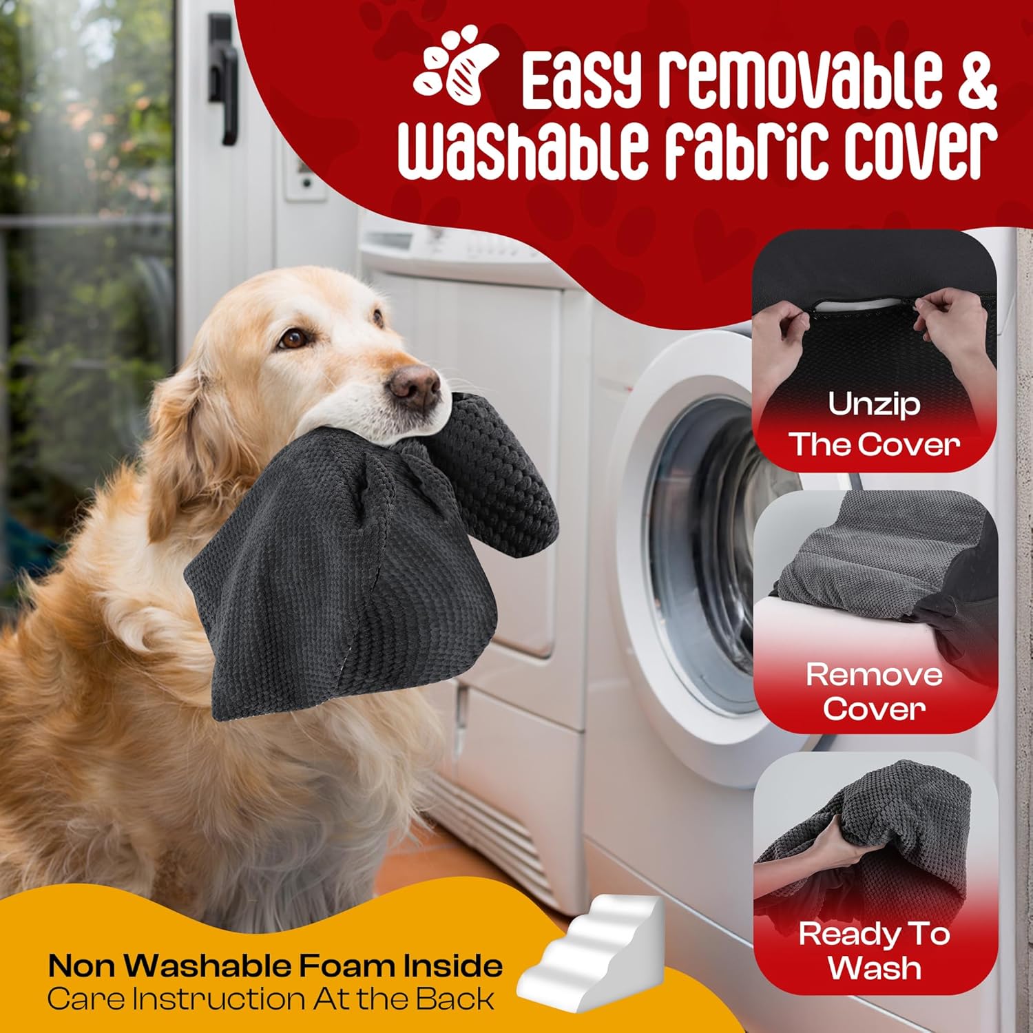 Premium Pet Steps for Small Dogs & Cats - High-Density Foam, Washable Cover, Non-Slip Base - Includes Lint Remover & Poop Bag Dispenser - 60x40x40cm - Stylish Grey Design