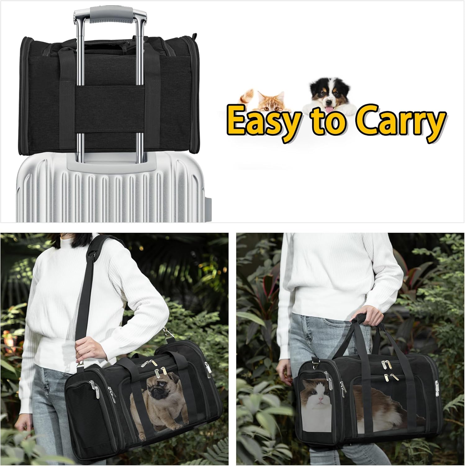 Soft Sided Cat/Pet/Dog Carrier Bag,Portable Foldable Pets Travel Carriers for Cats/Dogs with Shoulder Strap & Removable Mat,Durable Puppy Basket of 16 Lbs Airline Approved - Black