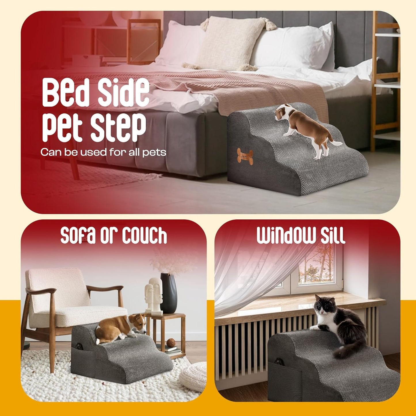 Premium Pet Steps for Small Dogs & Cats - High-Density Foam, Washable Cover, Non-Slip Base - Includes Lint Remover & Poop Bag Dispenser - 60x40x40cm - Stylish Grey Design