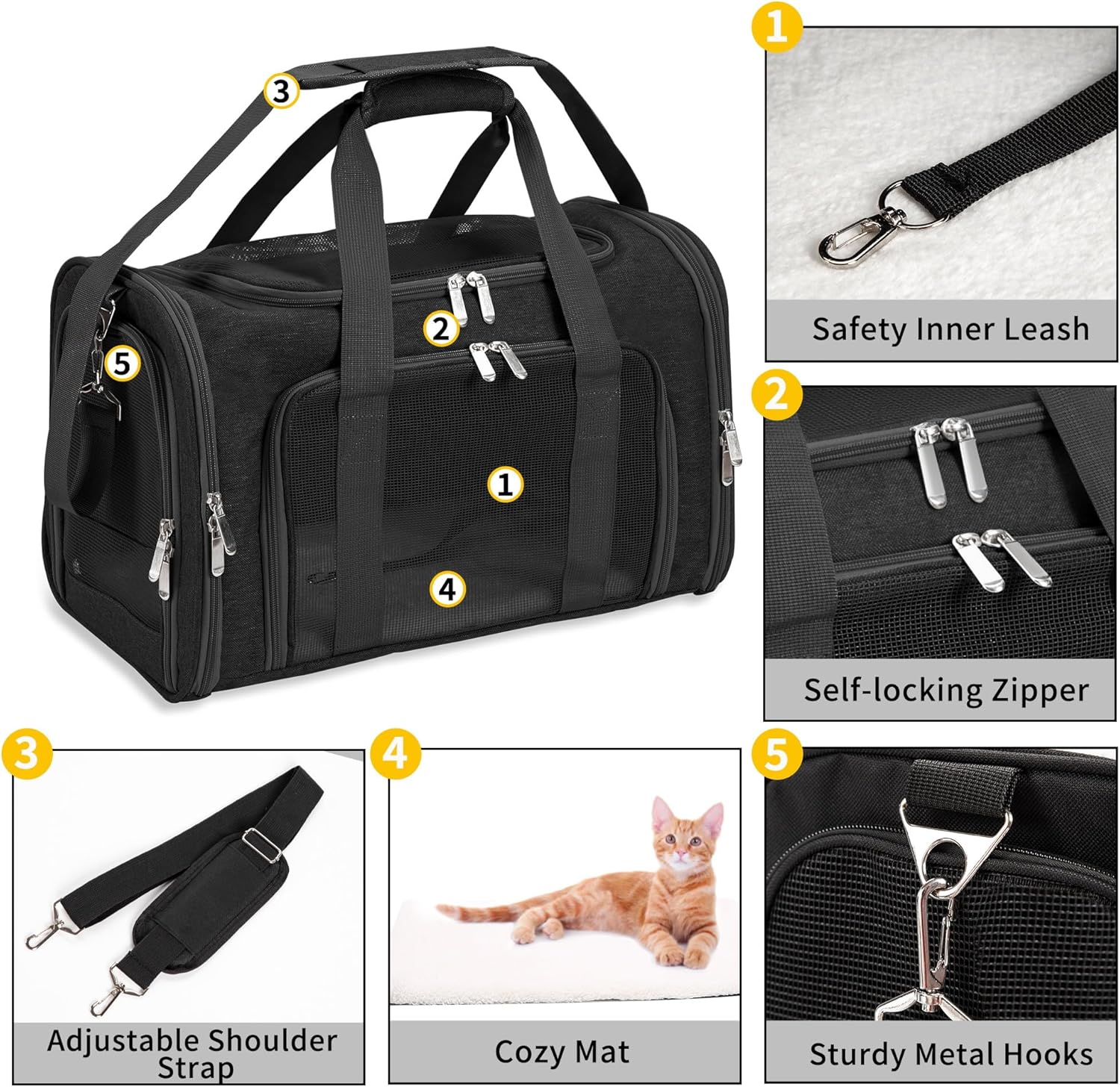 Soft Sided Cat/Pet/Dog Carrier Bag,Portable Foldable Pets Travel Carriers for Cats/Dogs with Shoulder Strap & Removable Mat,Durable Puppy Basket of 16 Lbs Airline Approved - Black