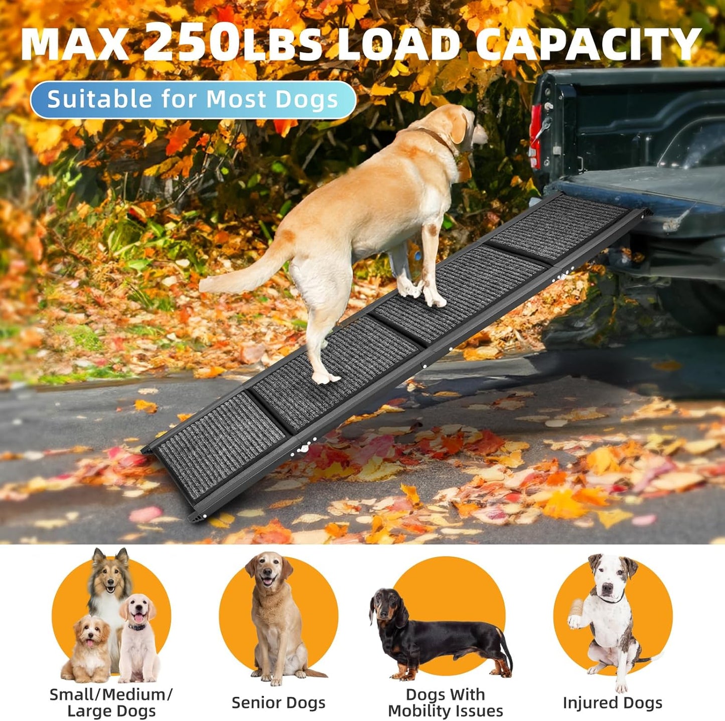 Heavy-Duty Folding Dog Ramp - 158x44CM, Anti-Slip, Portable Pet Stair for Large Dogs up to 250LBS (113KG), Perfect for Cars, SUVs & Trucks
