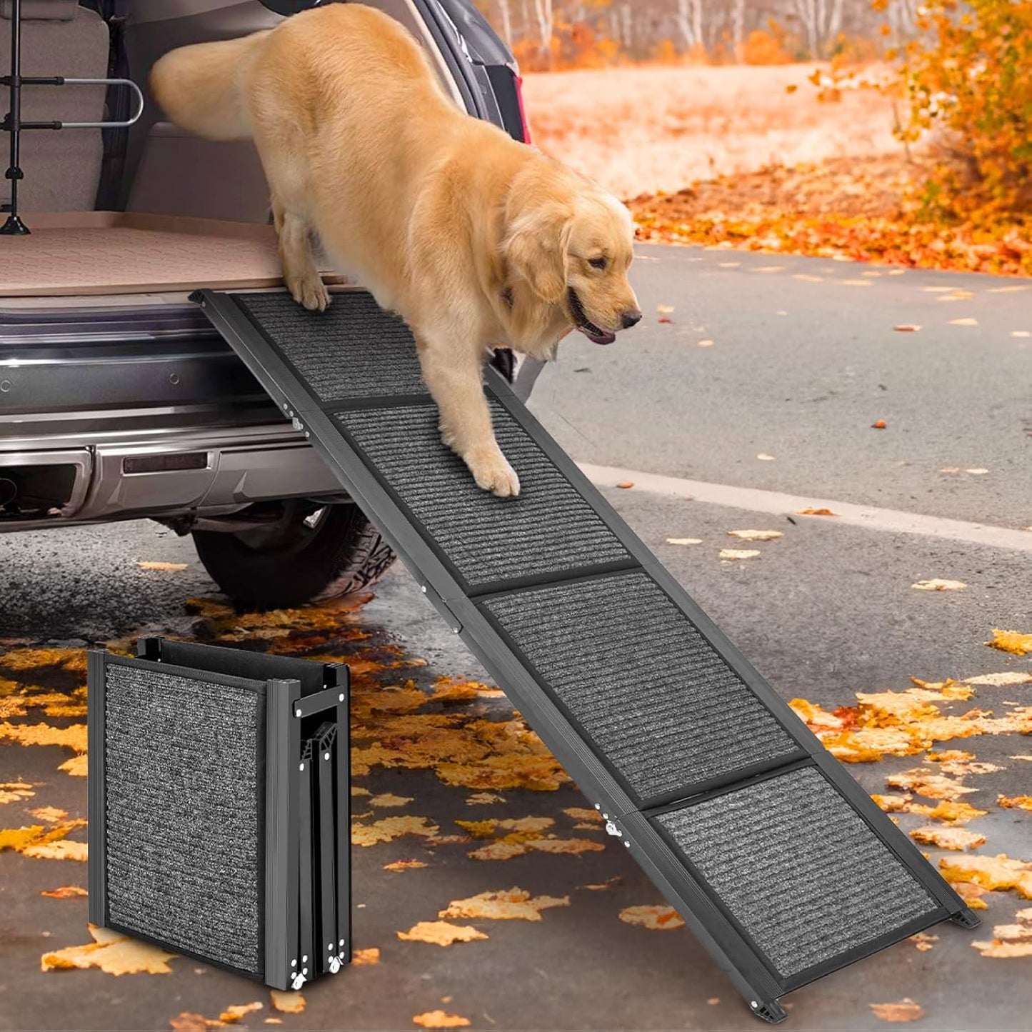 Heavy-Duty Folding Dog Ramp - 158x44CM, Anti-Slip, Portable Pet Stair for Large Dogs up to 250LBS (113KG), Perfect for Cars, SUVs & Trucks