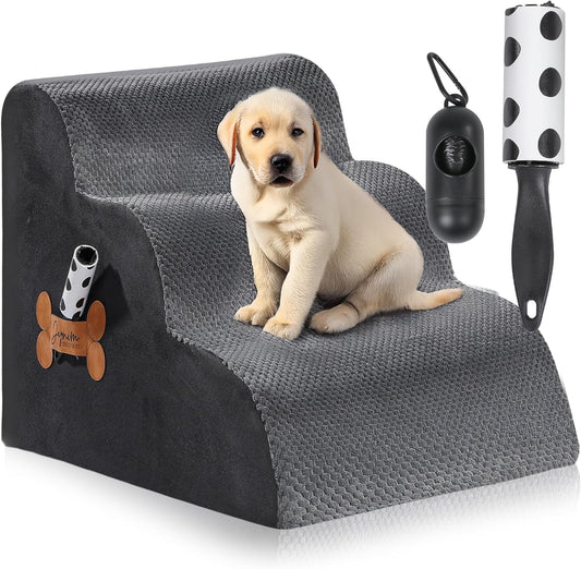 Premium Pet Steps for Small Dogs & Cats - High-Density Foam, Washable Cover, Non-Slip Base - Includes Lint Remover & Poop Bag Dispenser - 60x40x40cm - Stylish Grey Design