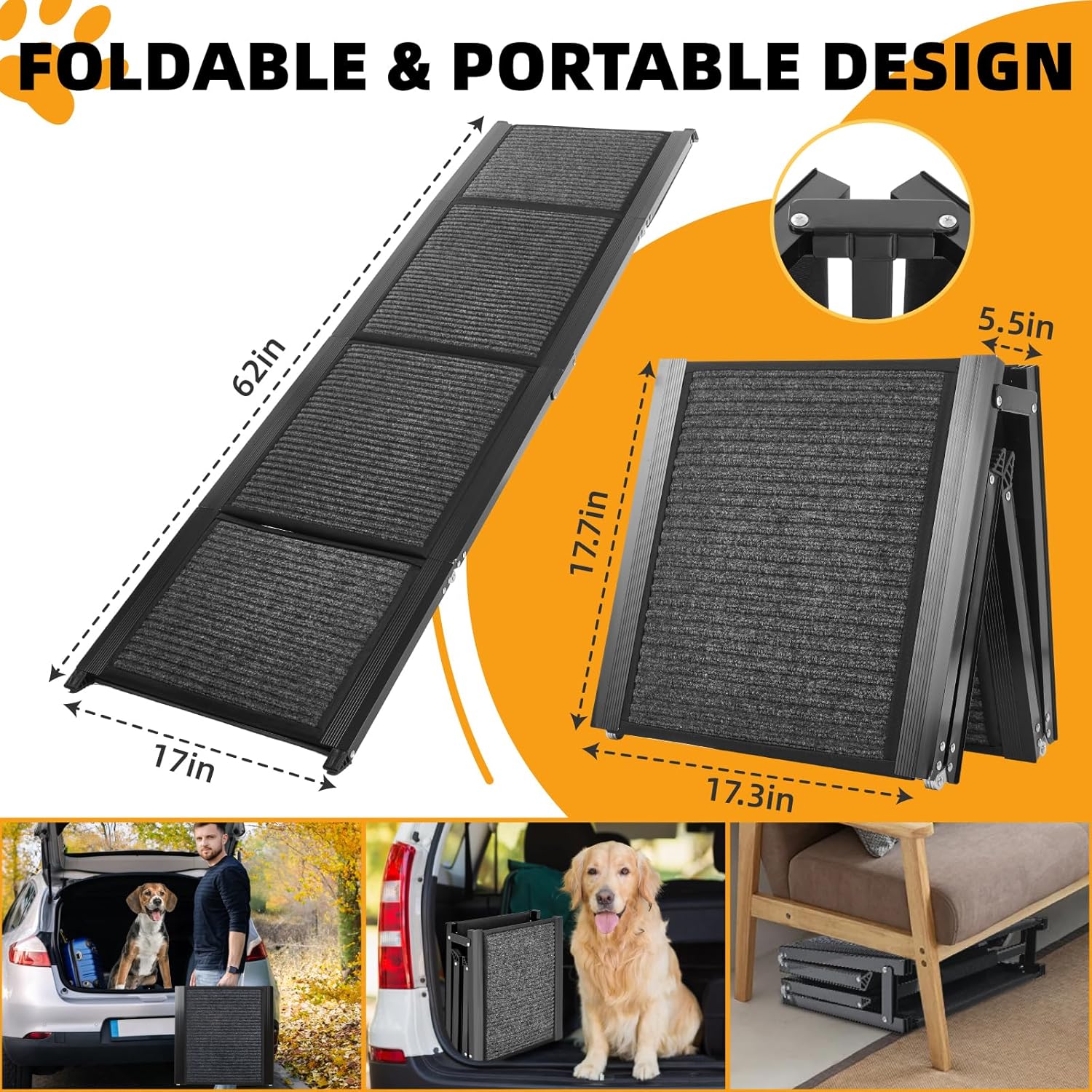 Heavy-Duty Folding Dog Ramp - 158x44CM, Anti-Slip, Portable Pet Stair for Large Dogs up to 250LBS (113KG), Perfect for Cars, SUVs & Trucks