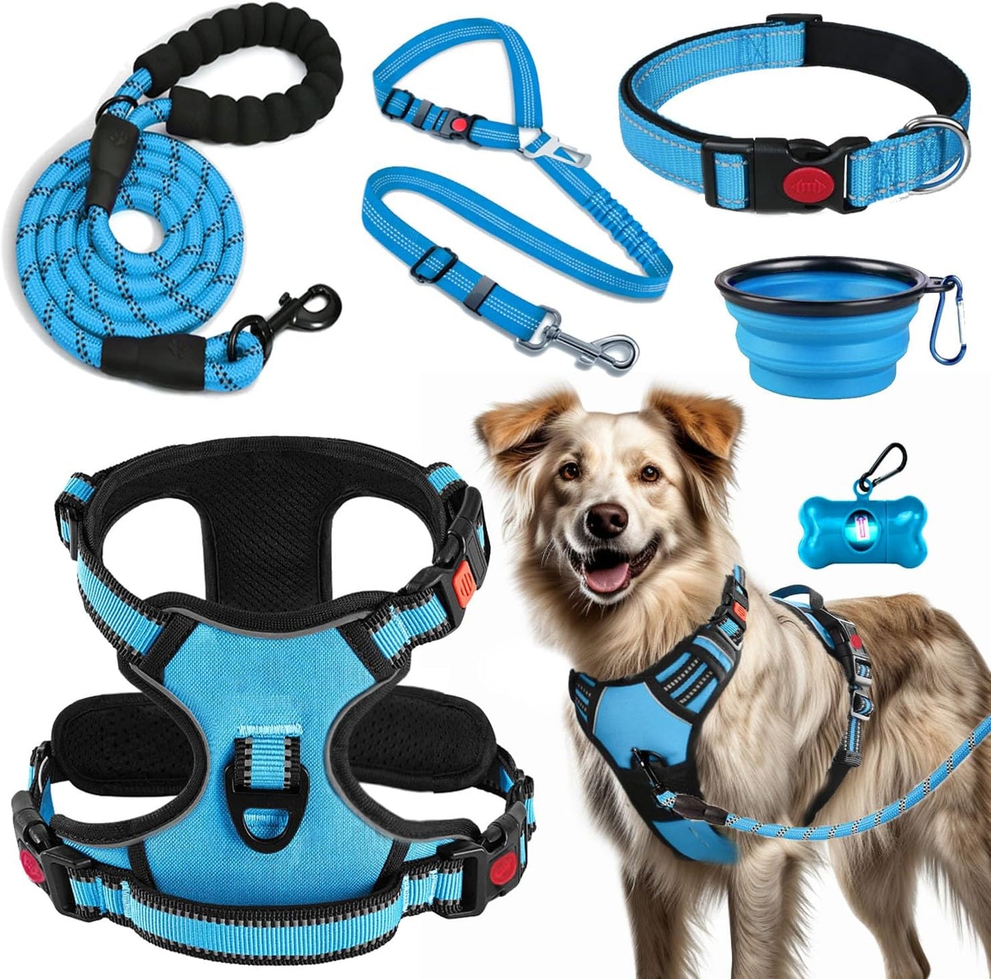 Ultimate No Pull Dog Harness Set - Includes Collar, Lead, Seat Belt, Collapsible Bowls & Poo Bag Dispenser - Perfect for Training, Walking & Hiking - Fits All Dog Sizes