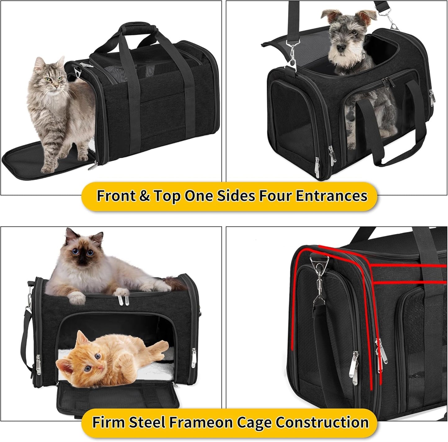 Soft Sided Cat/Pet/Dog Carrier Bag,Portable Foldable Pets Travel Carriers for Cats/Dogs with Shoulder Strap & Removable Mat,Durable Puppy Basket of 16 Lbs Airline Approved - Black