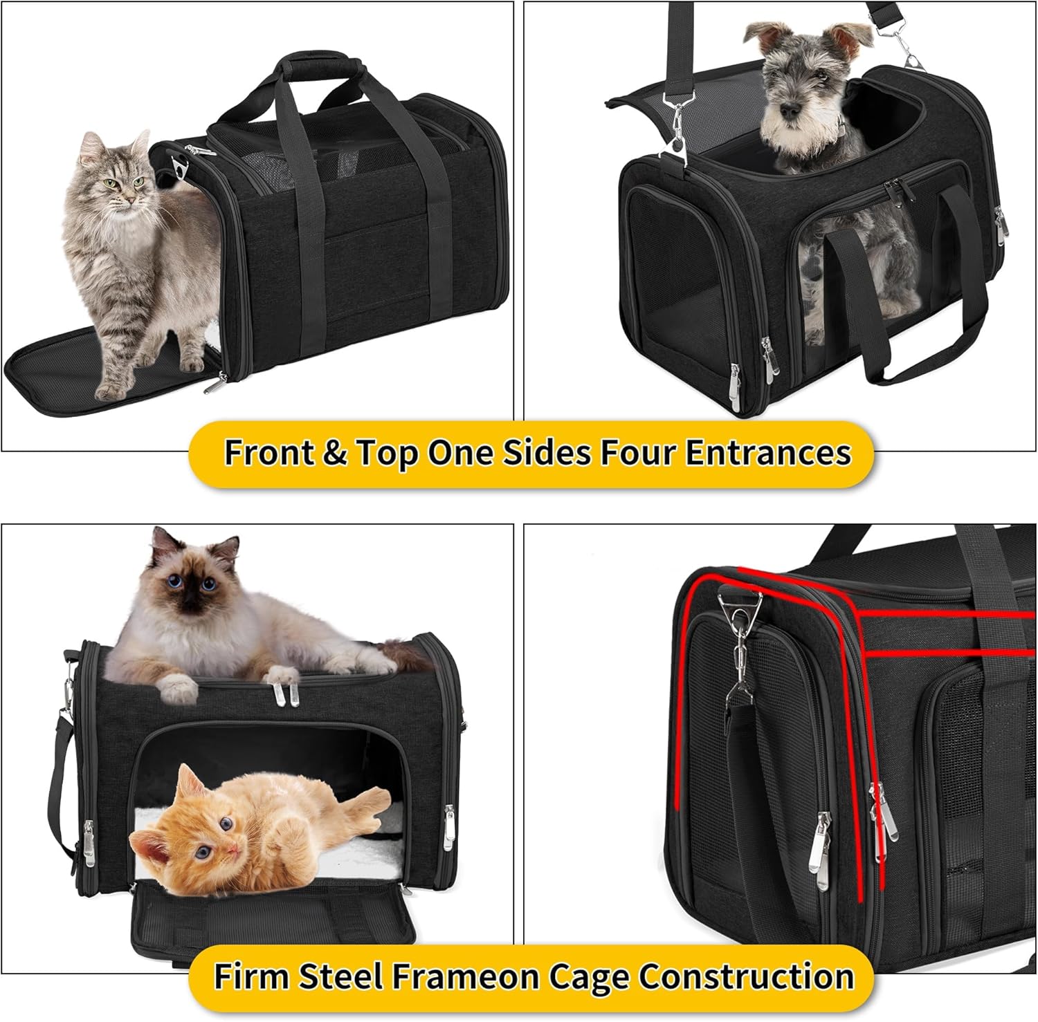 Soft Sided Cat/Pet/Dog Carrier Bag,Portable Foldable Pets Travel Carriers for Cats/Dogs with Shoulder Strap & Removable Mat,Durable Puppy Basket of 16 Lbs Airline Approved - Black