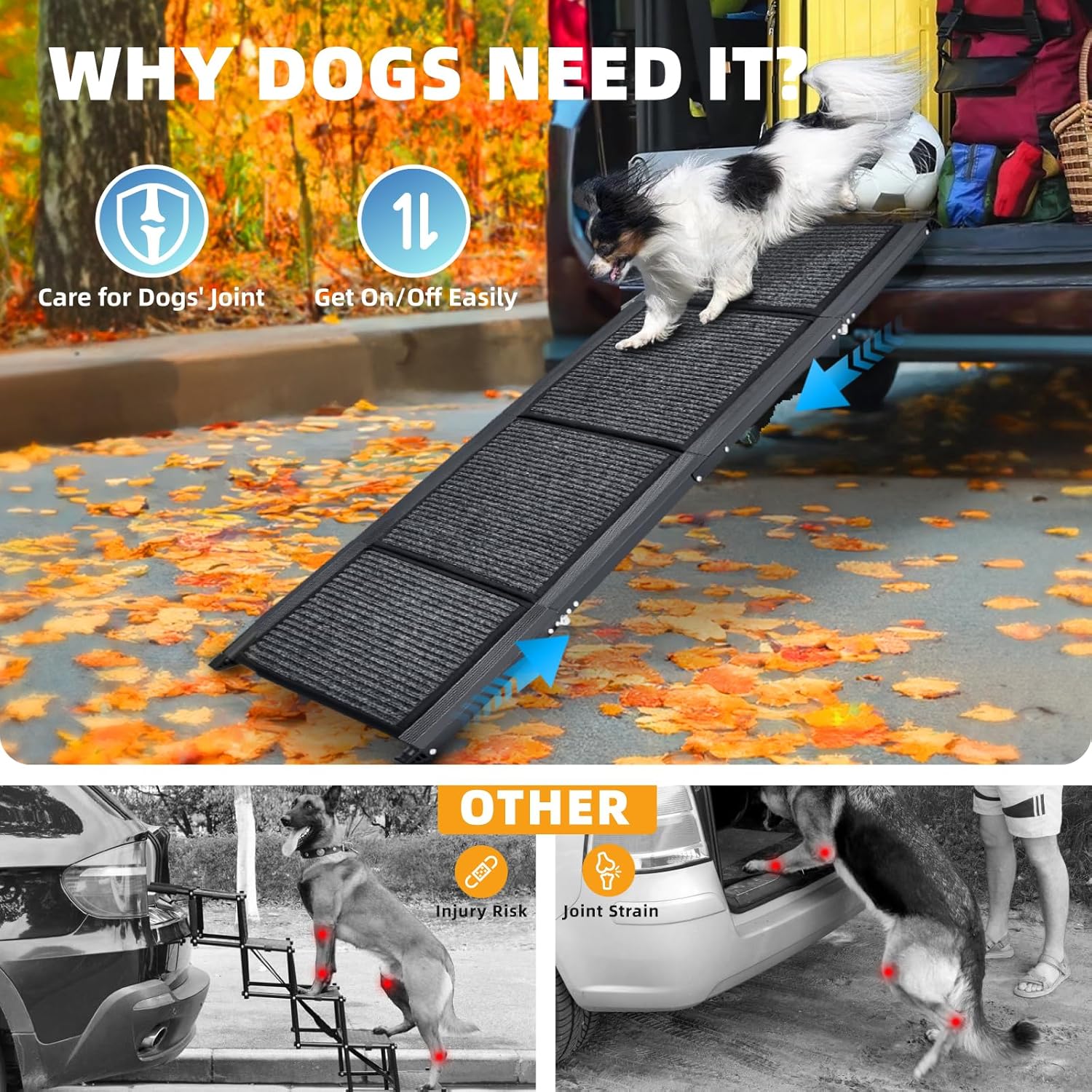 Heavy-Duty Folding Dog Ramp - 158x44CM, Anti-Slip, Portable Pet Stair for Large Dogs up to 250LBS (113KG), Perfect for Cars, SUVs & Trucks