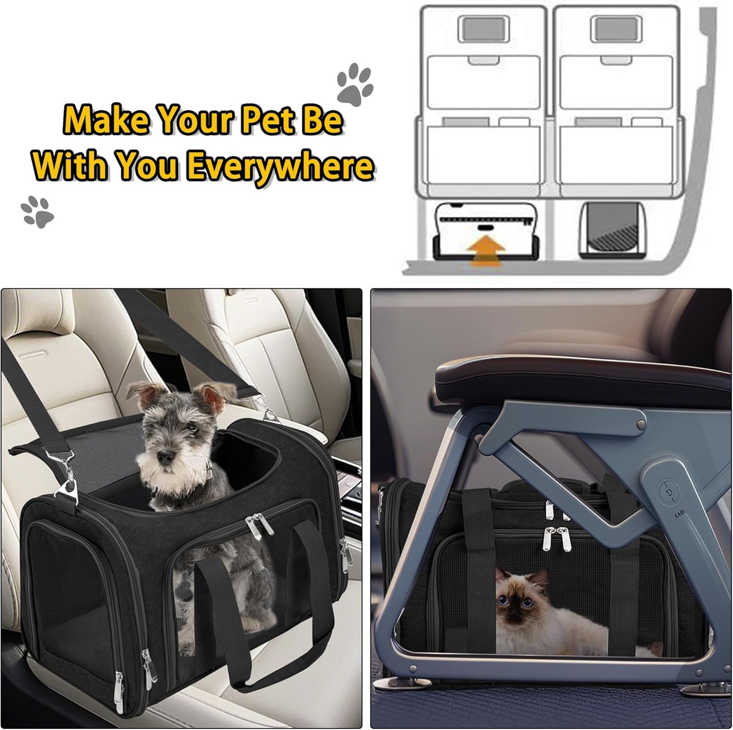 Soft Sided Cat/Pet/Dog Carrier Bag,Portable Foldable Pets Travel Carriers for Cats/Dogs with Shoulder Strap & Removable Mat,Durable Puppy Basket of 16 Lbs Airline Approved - Black