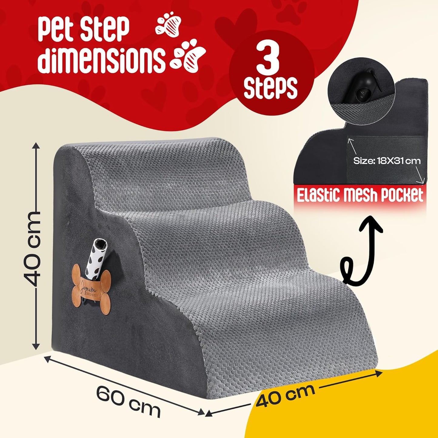Premium Pet Steps for Small Dogs & Cats - High-Density Foam, Washable Cover, Non-Slip Base - Includes Lint Remover & Poop Bag Dispenser - 60x40x40cm - Stylish Grey Design