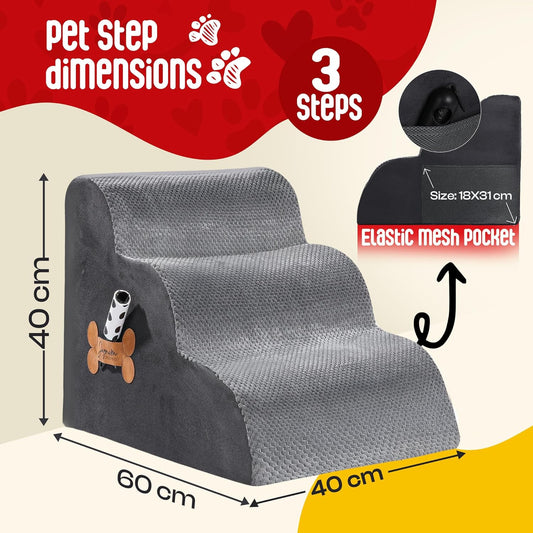 Premium Pet Steps for Small Dogs & Cats - High-Density Foam, Washable Cover, Non-Slip Base - Includes Lint Remover & Poop Bag Dispenser - 60x40x40cm - Stylish Grey Design
