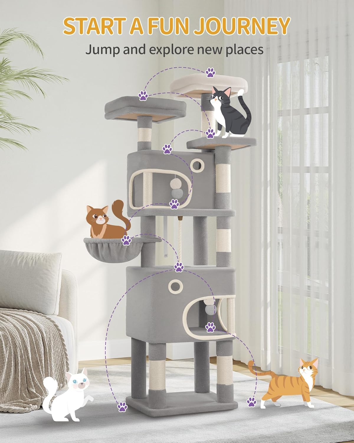 Deluxe 180cm Multi-Level Cat Tree with 8 Scratching Posts, Platforms, Caves & Plush Toys