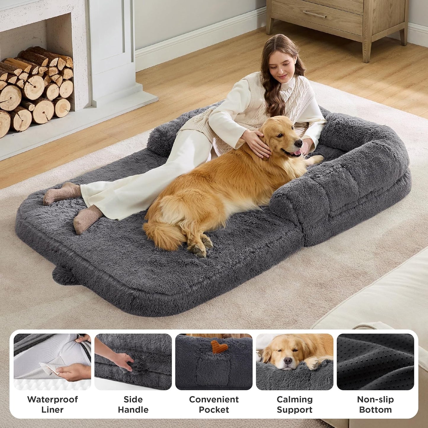 Luxurious Human Dog Bed for Adults - 2-in-1 Foldable Giant Bed with Egg Foam Support, Waterproof Liner & Faux Fur Orthopaedic Sofa, 180x104cm