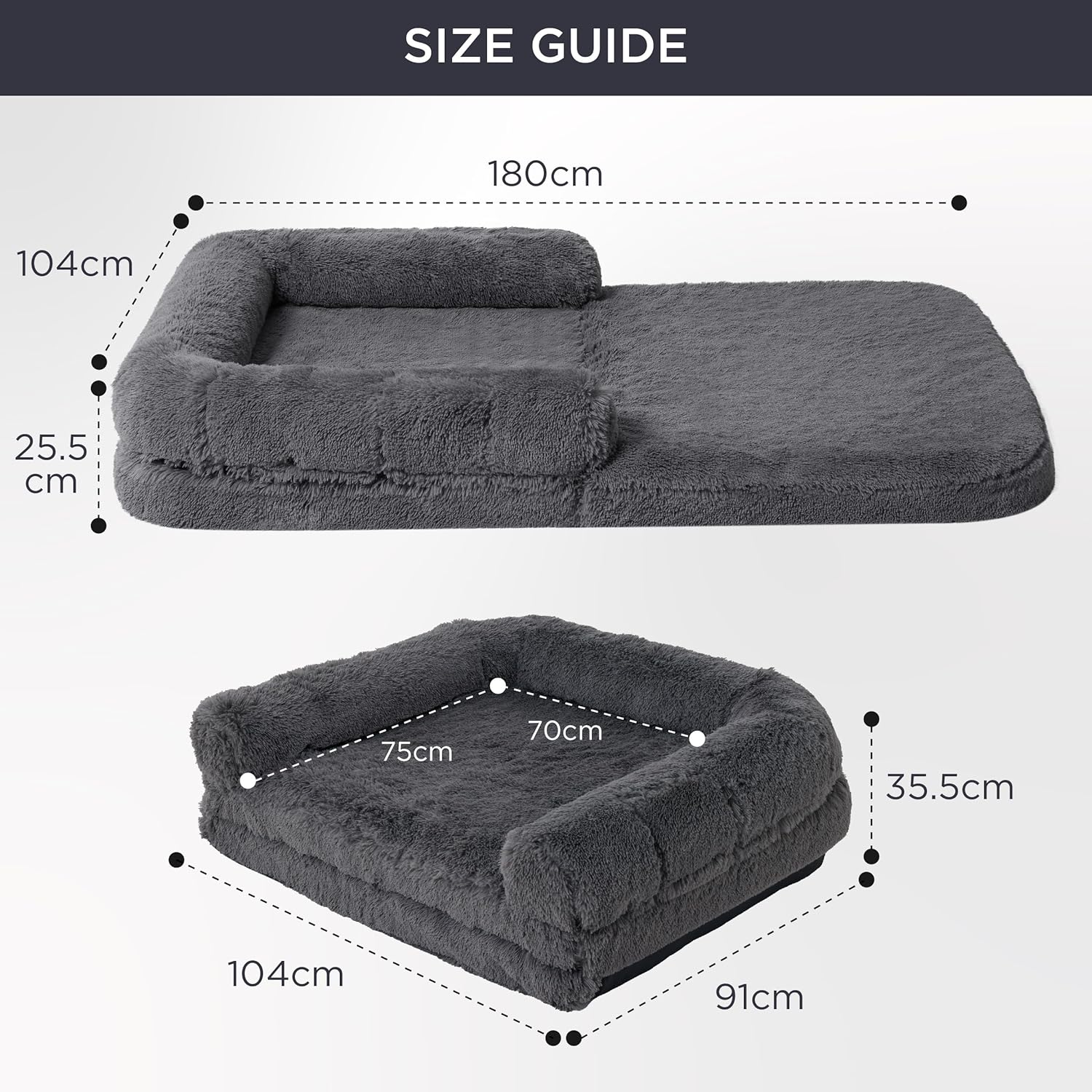Luxurious Human Dog Bed for Adults - 2-in-1 Foldable Giant Bed with Egg Foam Support, Waterproof Liner & Faux Fur Orthopaedic Sofa, 180x104cm