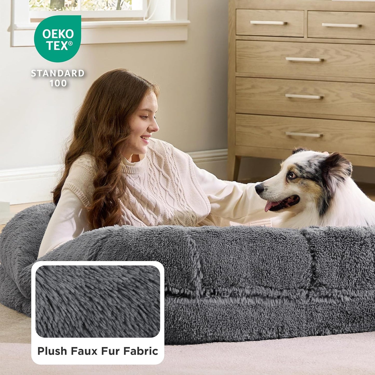 Luxurious Human Dog Bed for Adults - 2-in-1 Foldable Giant Bed with Egg Foam Support, Waterproof Liner & Faux Fur Orthopaedic Sofa, 180x104cm