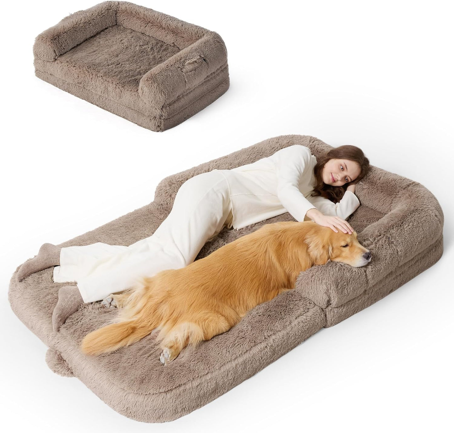 Luxurious Human Dog Bed for Adults - 2-in-1 Foldable Giant Bed with Egg Foam Support, Waterproof Liner & Faux Fur Orthopaedic Sofa, 180x104cm